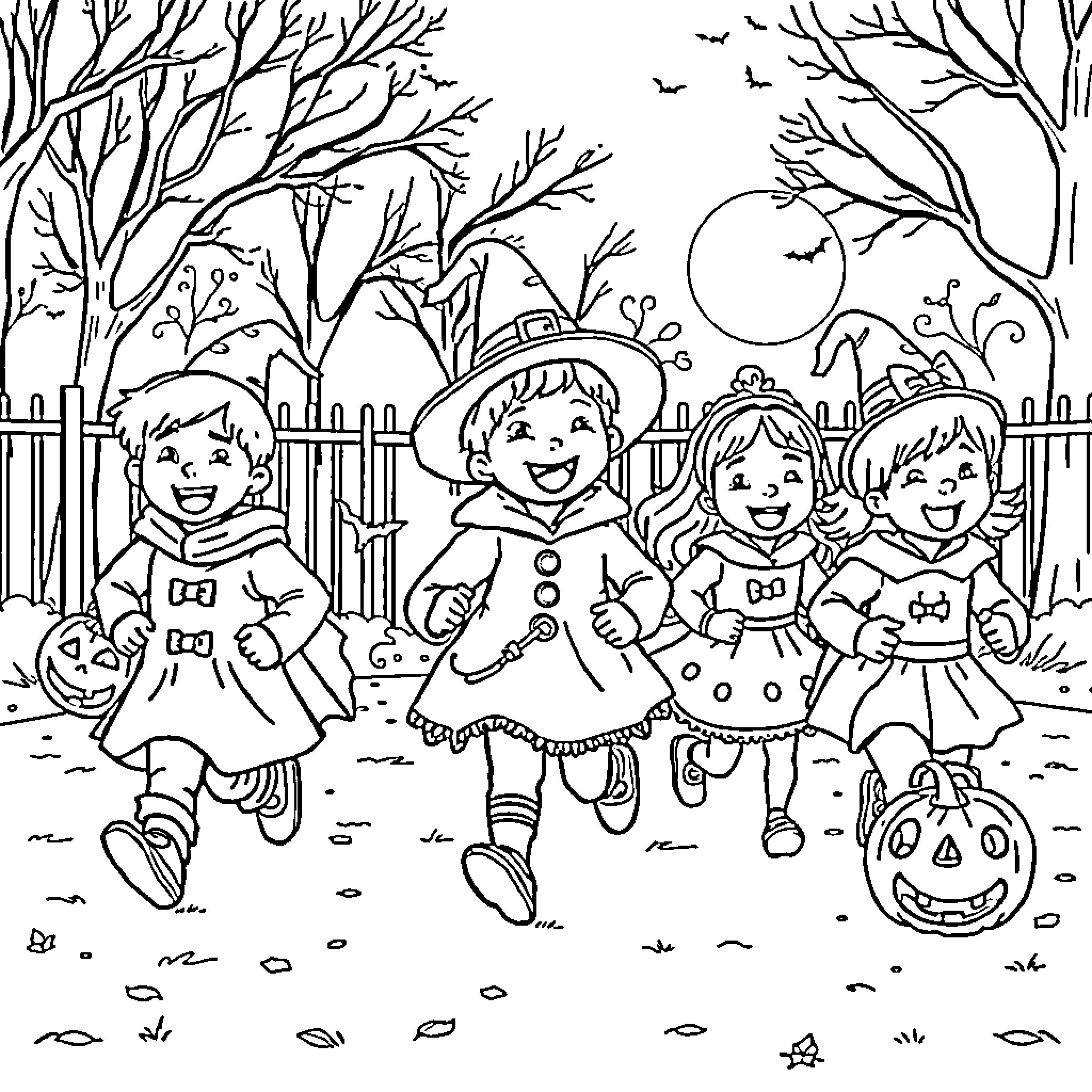 Children in Halloween costumes walking outdoors Coloring Page (free black-and-white line drawing printable PDF for all, from beginners to advanced learners, including children, teens, adults, and seniors)