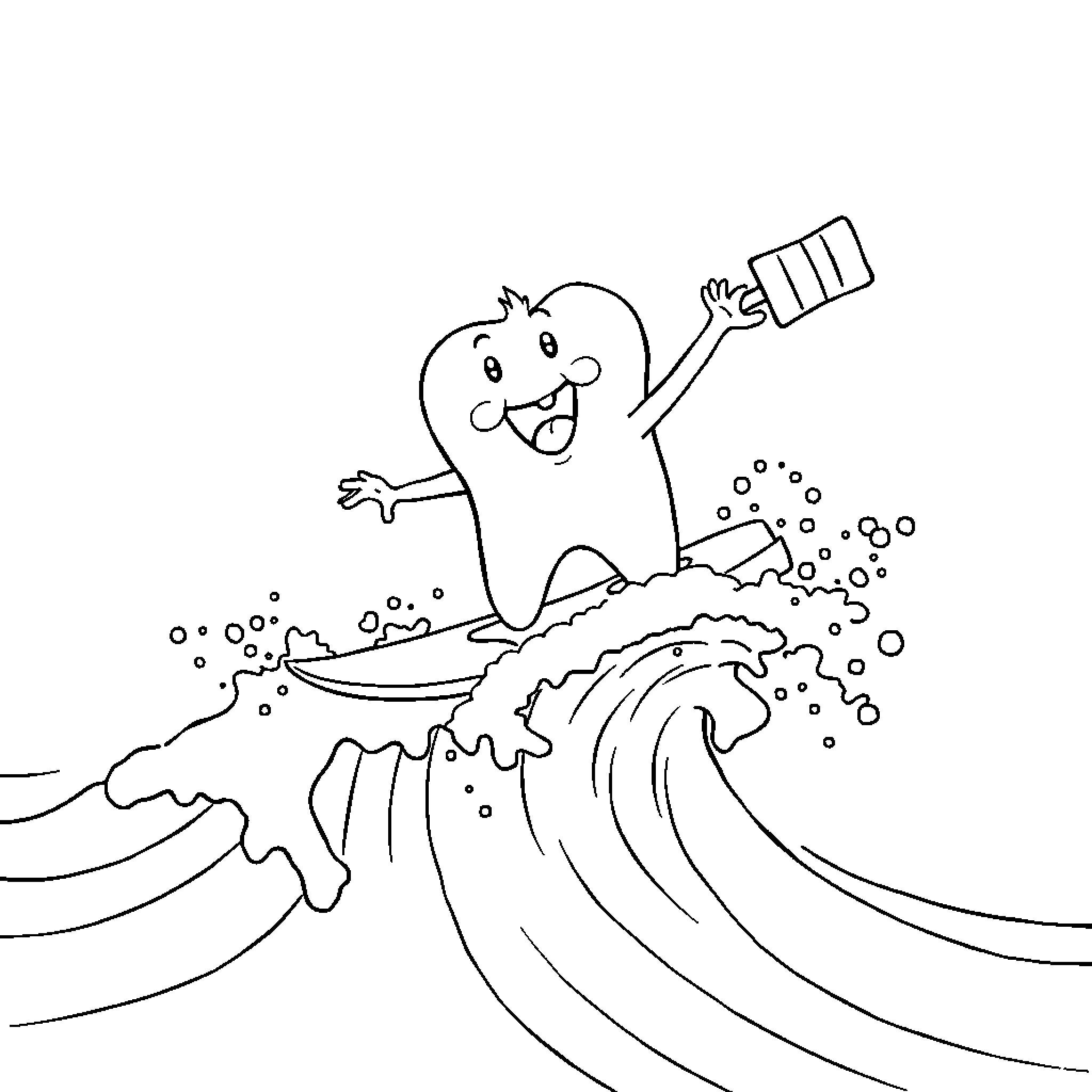 Tooth brushing fun in the waves Coloring Page (free black-and-white line drawing printable PDF for all, from beginners to advanced learners, including children, teens, adults, and seniors)