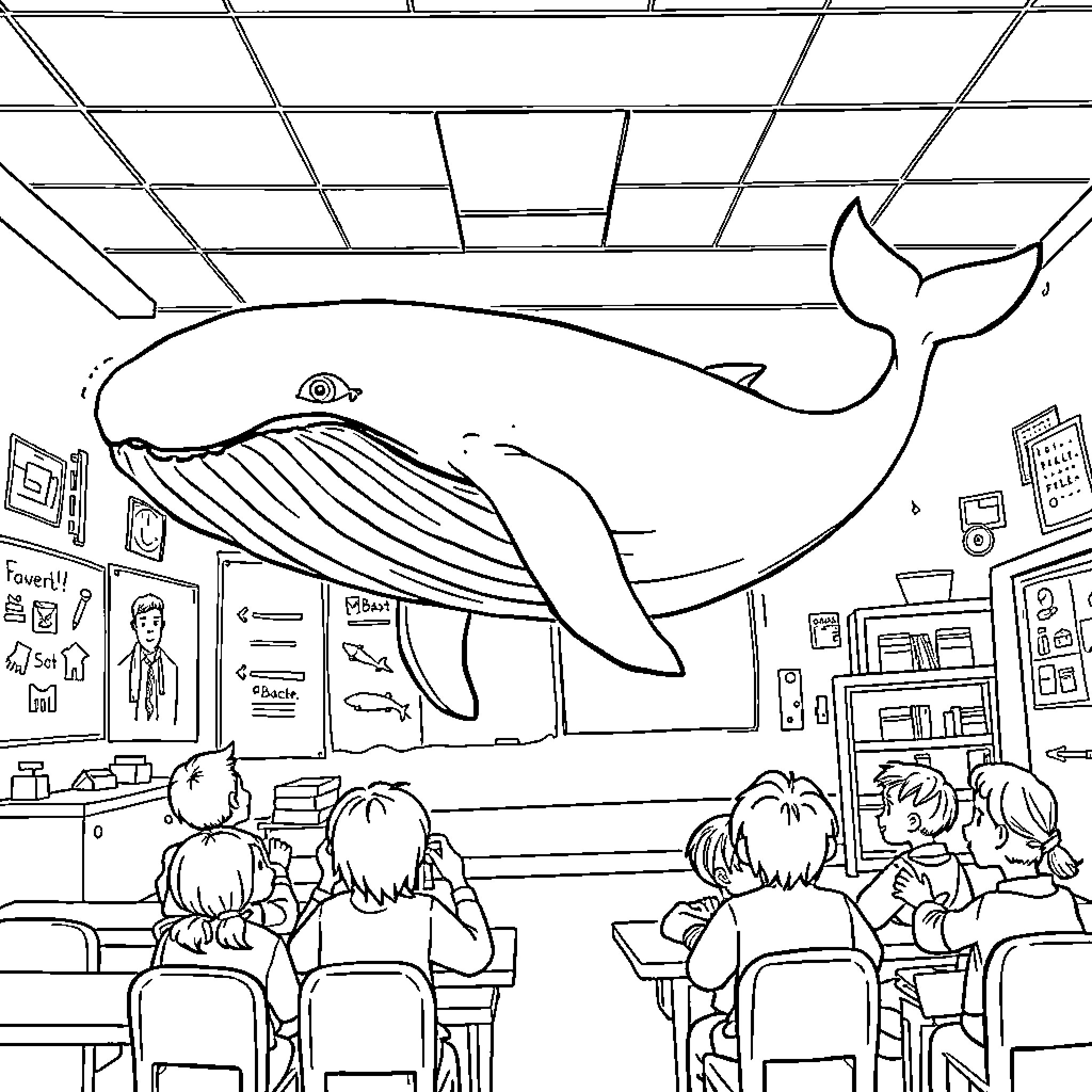 Whale School Presentation in Classroom Coloring Page (free black-and-white line drawing printable PDF for all, from beginners to advanced learners, including children, teens, adults, and seniors)