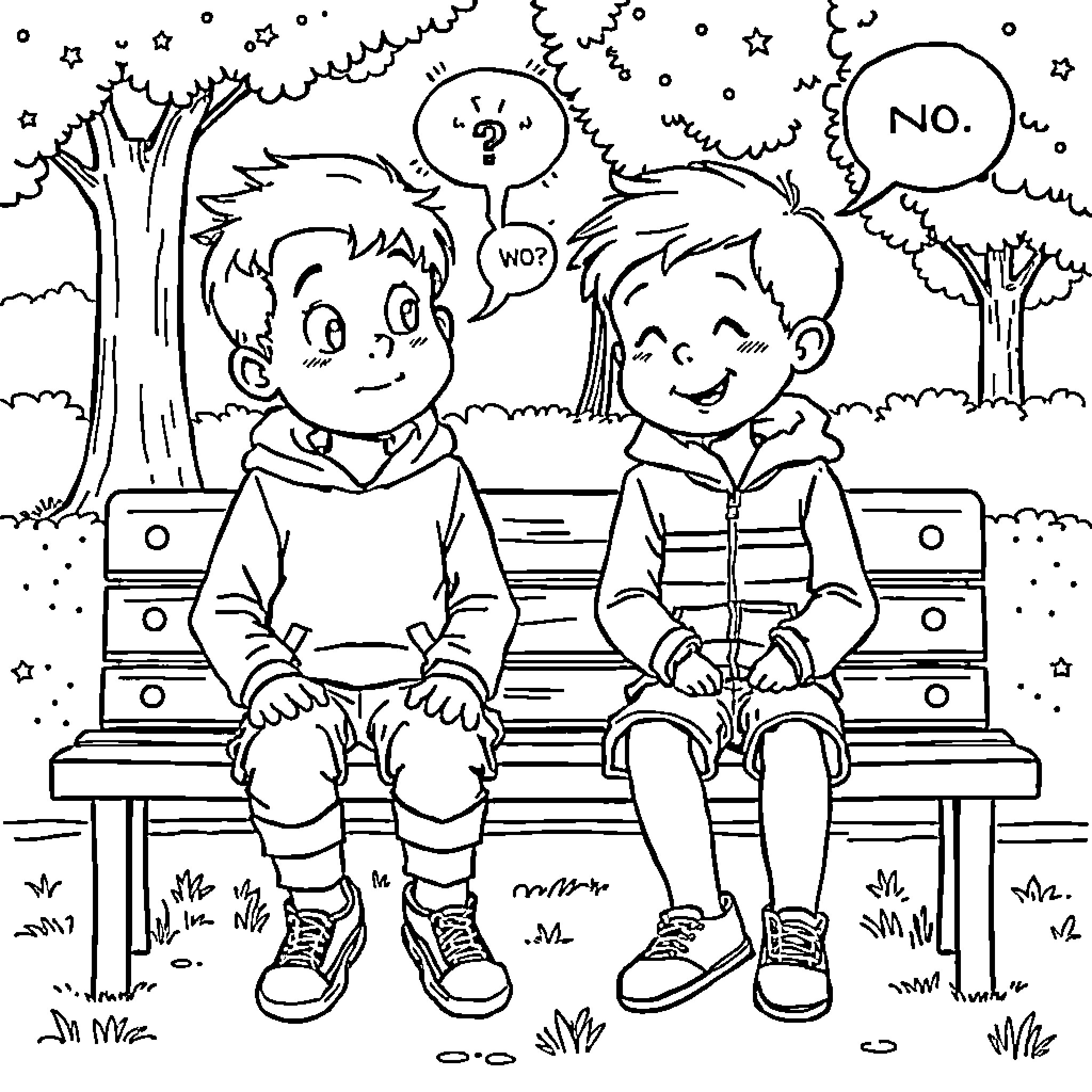 Kids on a park bench discussing and disagreeing Coloring Page (free black-and-white line drawing printable PDF for all, from beginners to advanced learners, including children, teens, adults, and seniors)