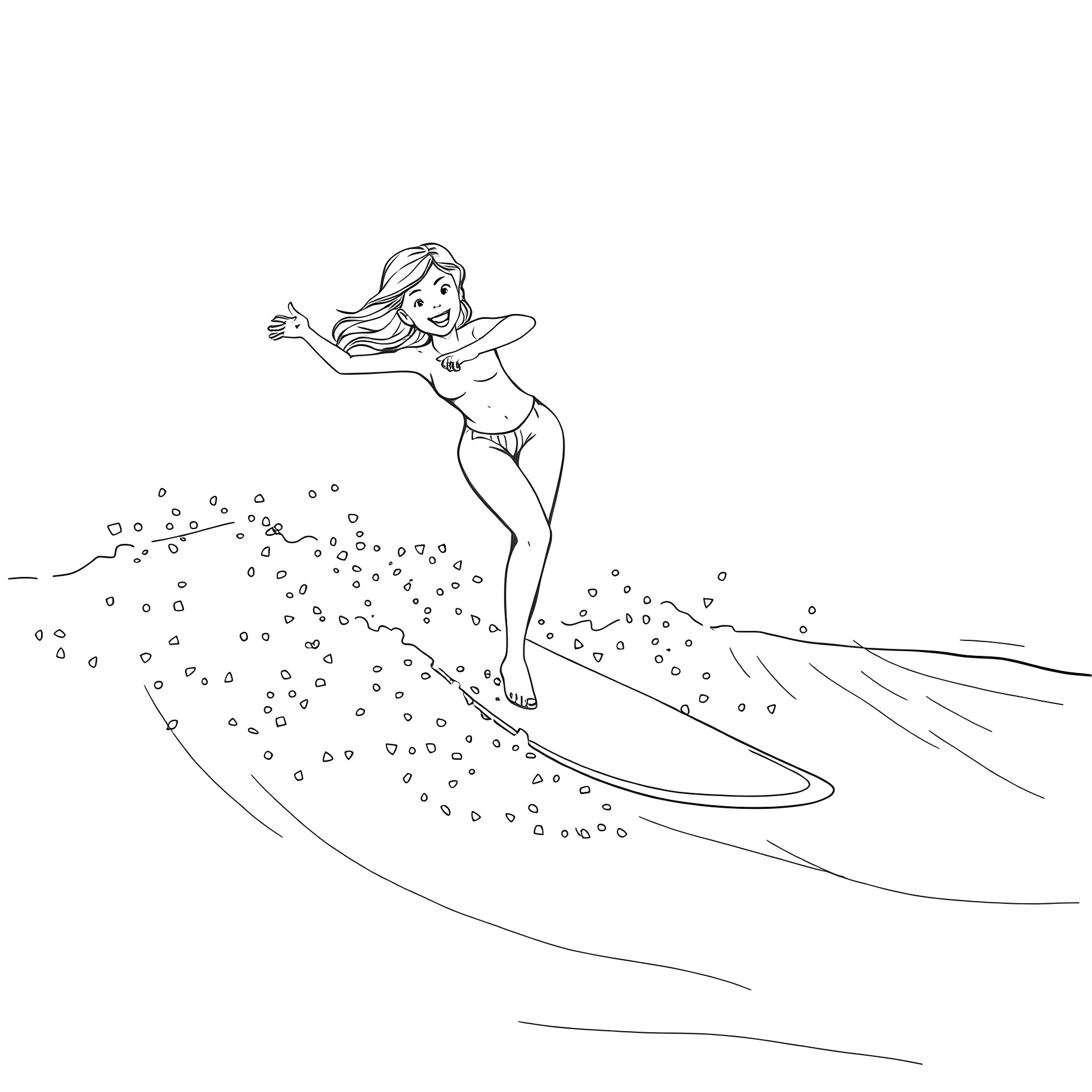 Claire Peel surfing happily in the waves Coloring Page (free black-and-white line drawing printable PDF for all, from beginners to advanced learners, including children, teens, adults, and seniors)