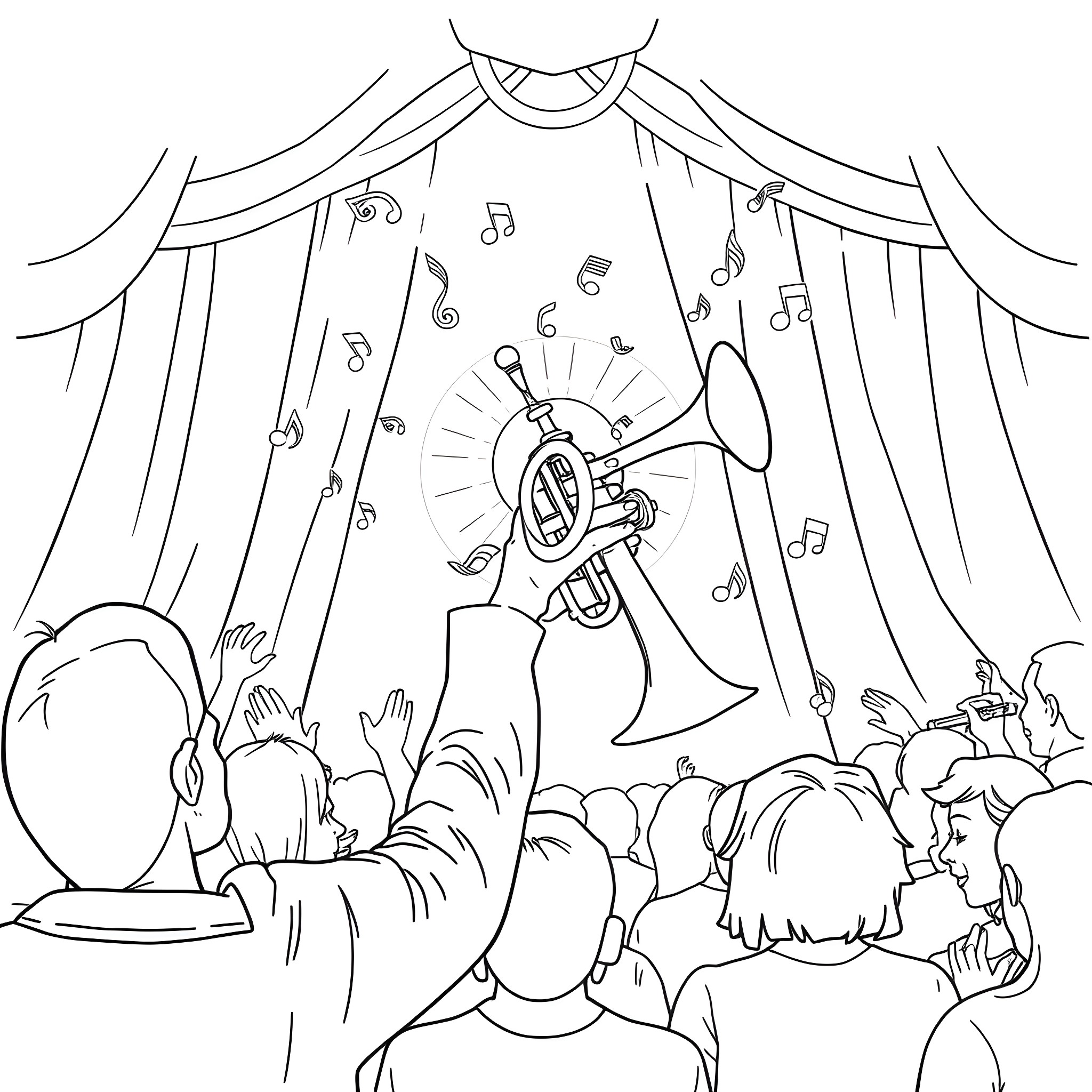 Cornet player performing on stage before audience Coloring Page (free black-and-white line drawing printable PDF for all, from beginners to advanced learners, including children, teens, adults, and seniors)