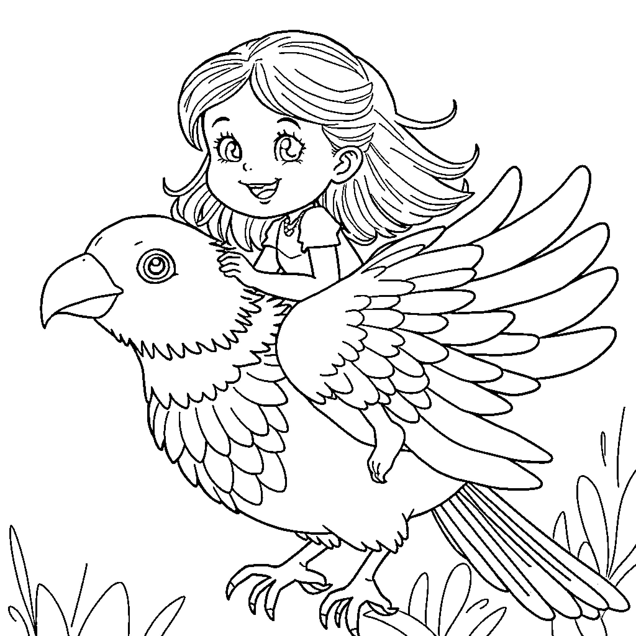Child riding a colorful bird in nature Coloring Page (free black-and-white line drawing printable PDF for all, from beginners to advanced learners, including children, teens, adults, and seniors)