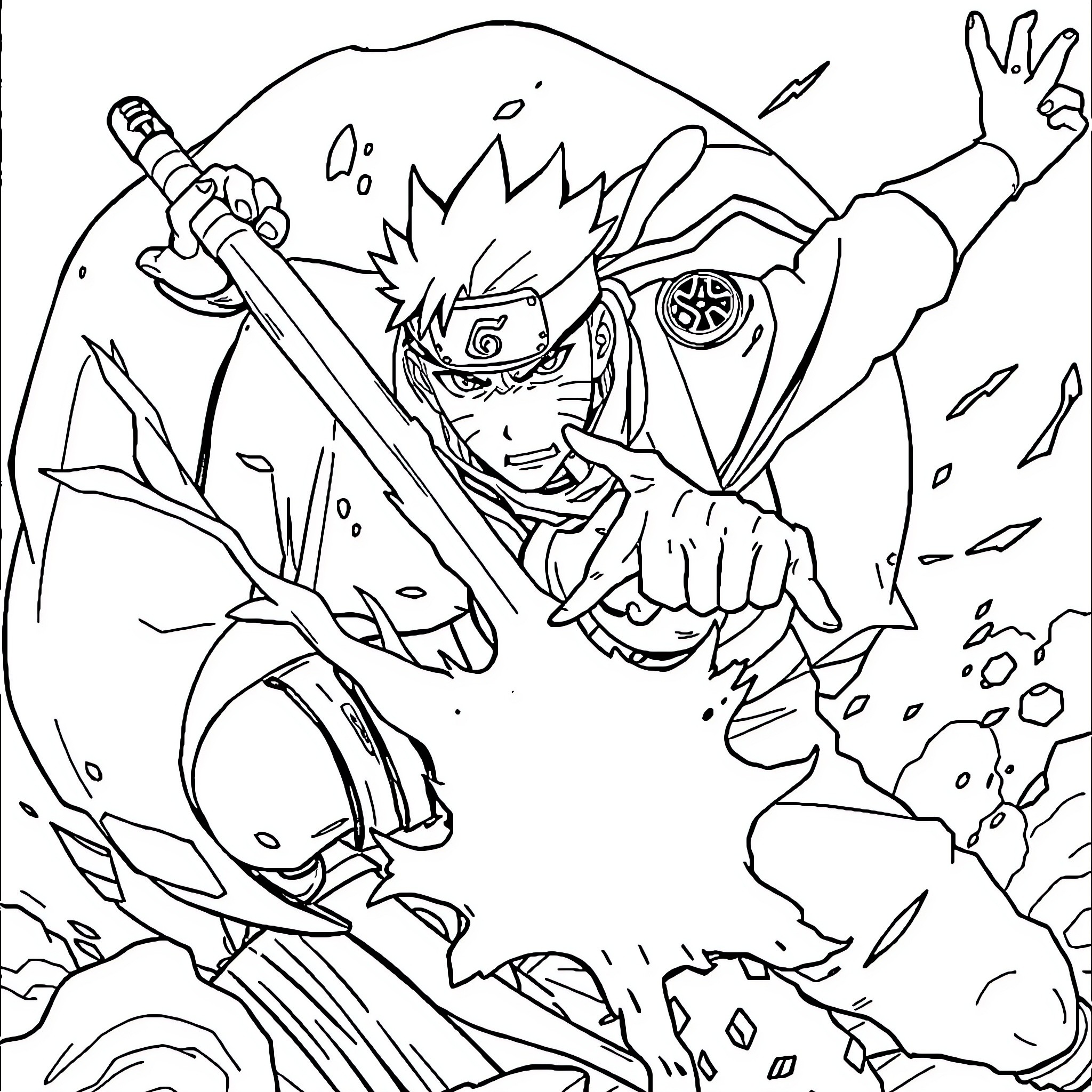 Naruto unleashing his ninja abilities in an intense battle Coloring Page (free black-and-white line drawing printable PDF for all, from beginners to advanced learners, including children, teens, adults, and seniors)
