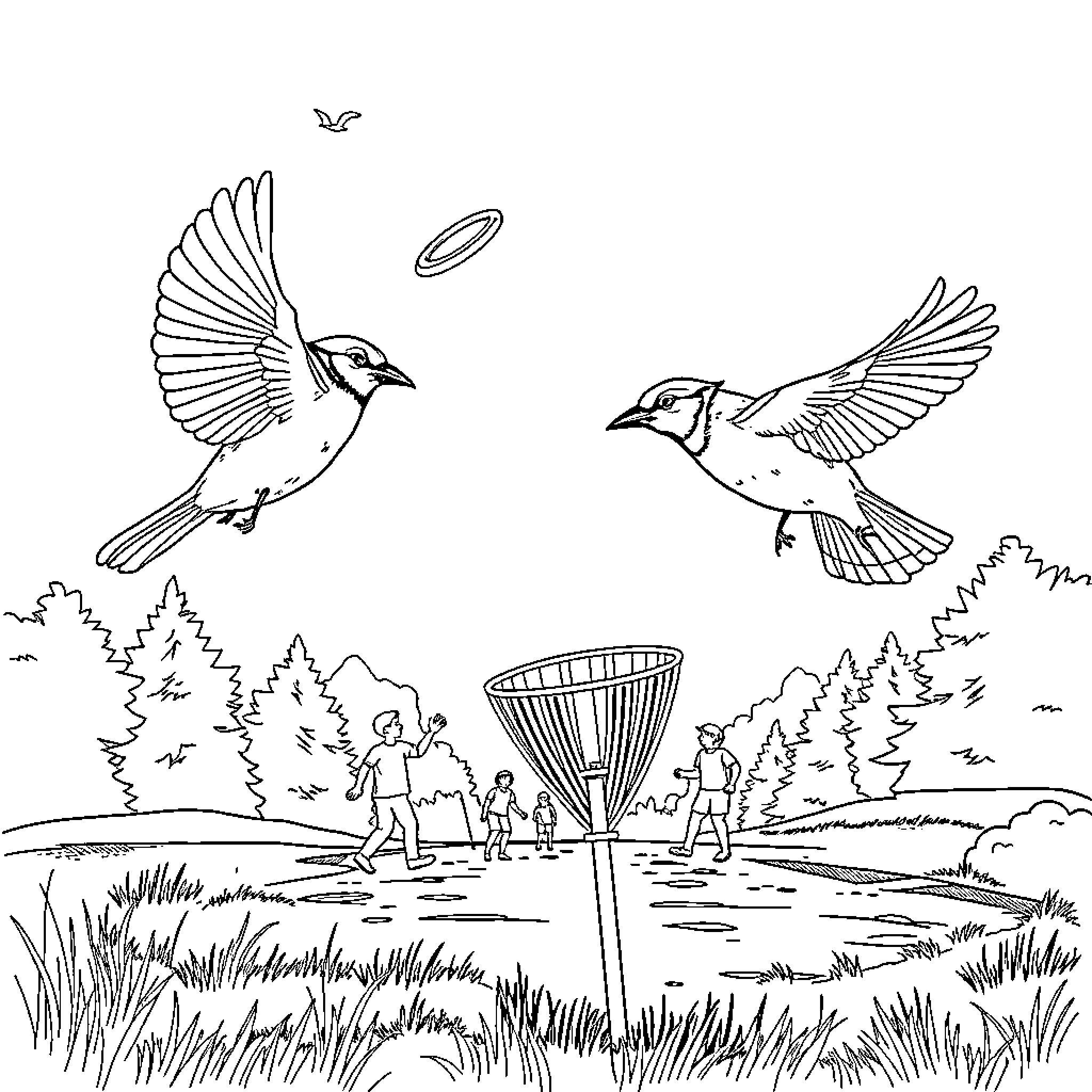 Blue Jay chasing Frisbee in the park Coloring Page (free black-and-white line drawing printable PDF for all, from beginners to advanced learners, including children, teens, adults, and seniors)