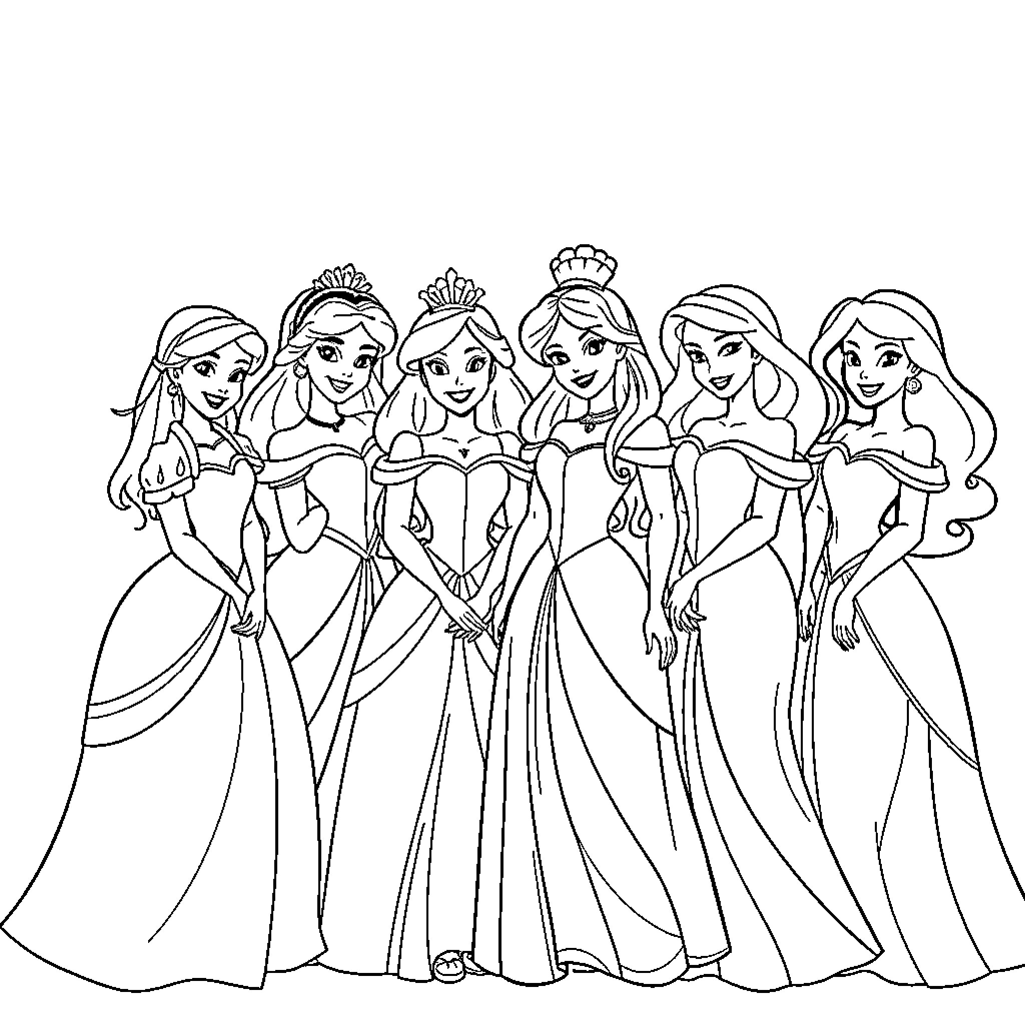 Disney Princesses in elegant gowns and tiaras Coloring Page (free black-and-white line drawing printable PDF for all, from beginners to advanced learners, including children, teens, adults, and seniors)