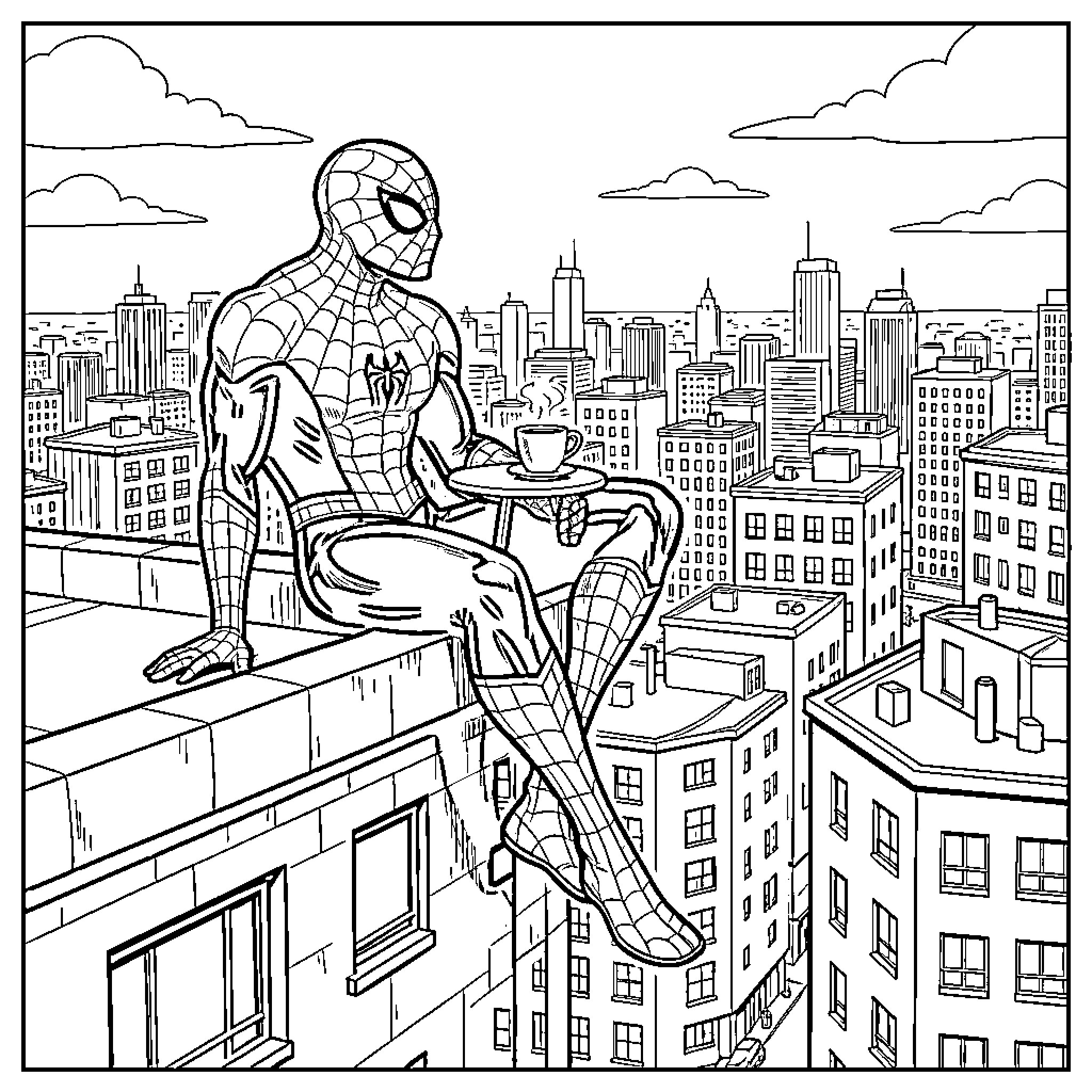 Spiderman sitting on a rooftop drinking coffee Coloring Page (free black-and-white line drawing printable PDF for all, from beginners to advanced learners, including children, teens, adults, and seniors)