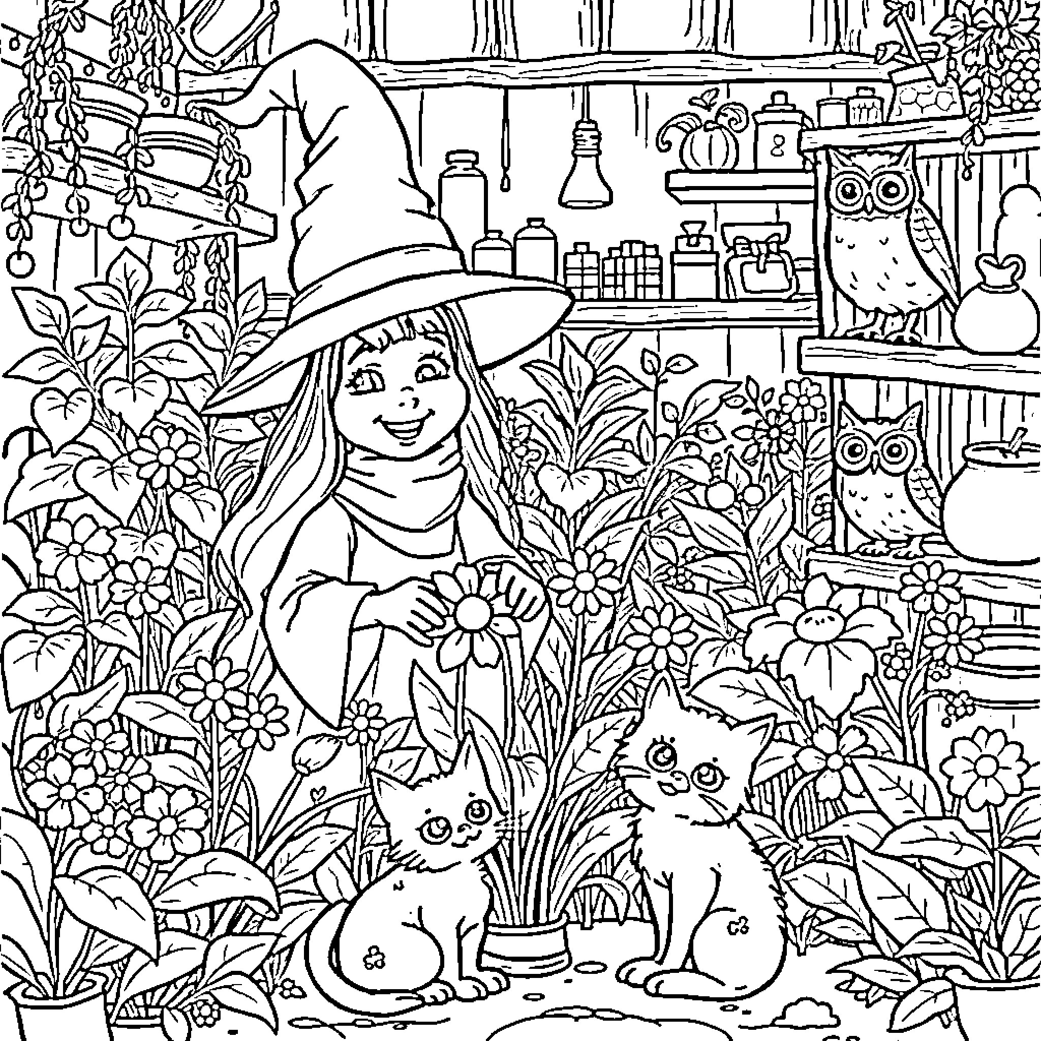 Witch's Enchanted Garden Retreat Coloring Page (free black-and-white line drawing printable PDF for all, from beginners to advanced learners, including children, teens, adults, and seniors)