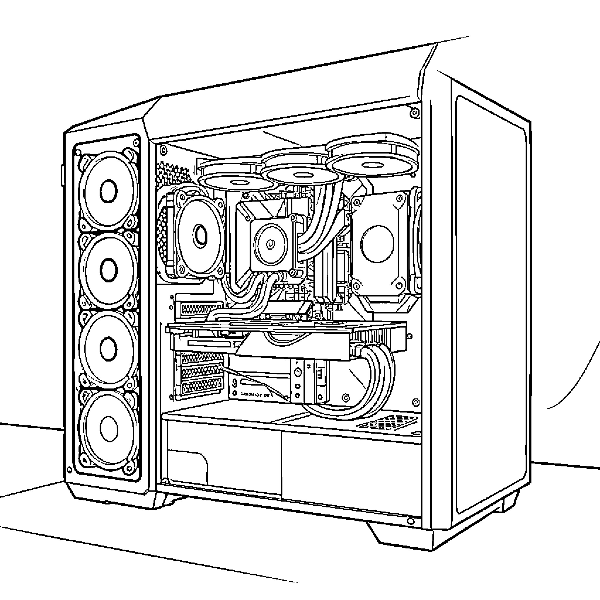 Gaming PC with advanced hardware components Coloring Page (free black-and-white line drawing printable PDF for all, from beginners to advanced learners, including children, teens, adults, and seniors)