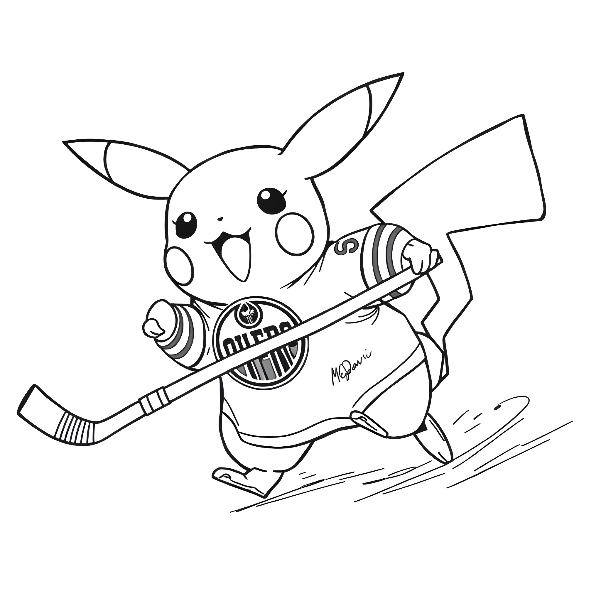 Pikachu playing hockey with enthusiasm Coloring Page (free black-and-white line drawing printable PDF for all, from beginners to advanced learners, including children, teens, adults, and seniors)