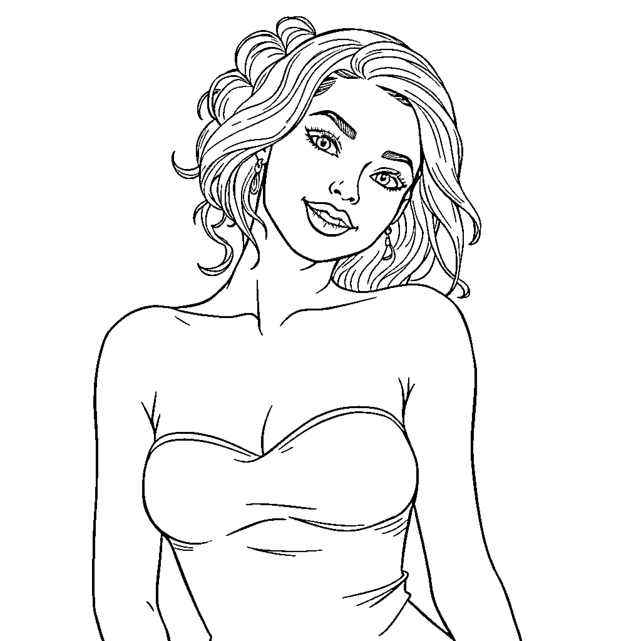 Girl in stylish outfit with wavy hairstyle Coloring Page (free black-and-white line drawing printable PDF for all, from beginners to advanced learners, including children, teens, adults, and seniors)