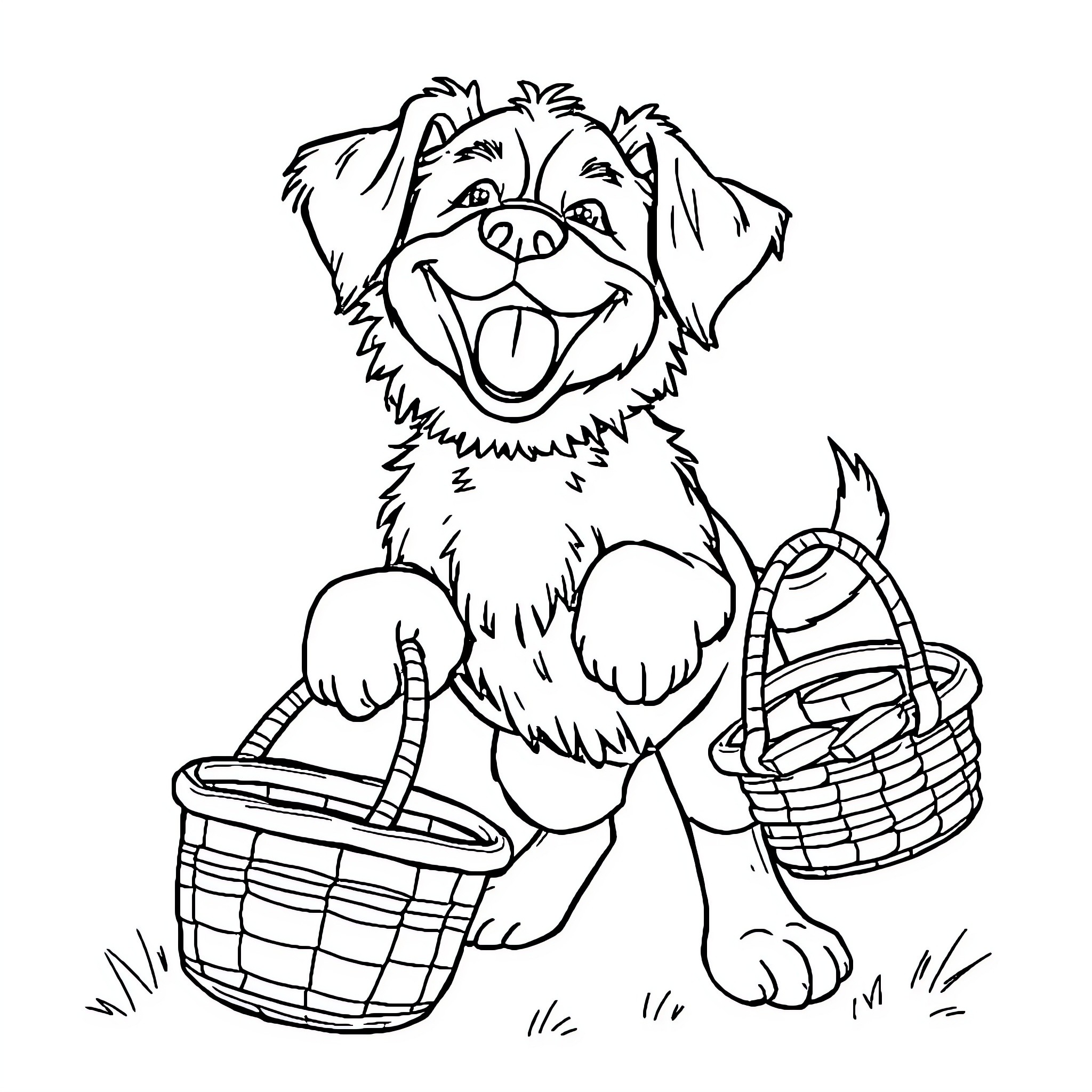 Dog with baskets playing in the field Coloring Page (free black-and-white line drawing printable PDF for all, from beginners to advanced learners, including children, teens, adults, and seniors)