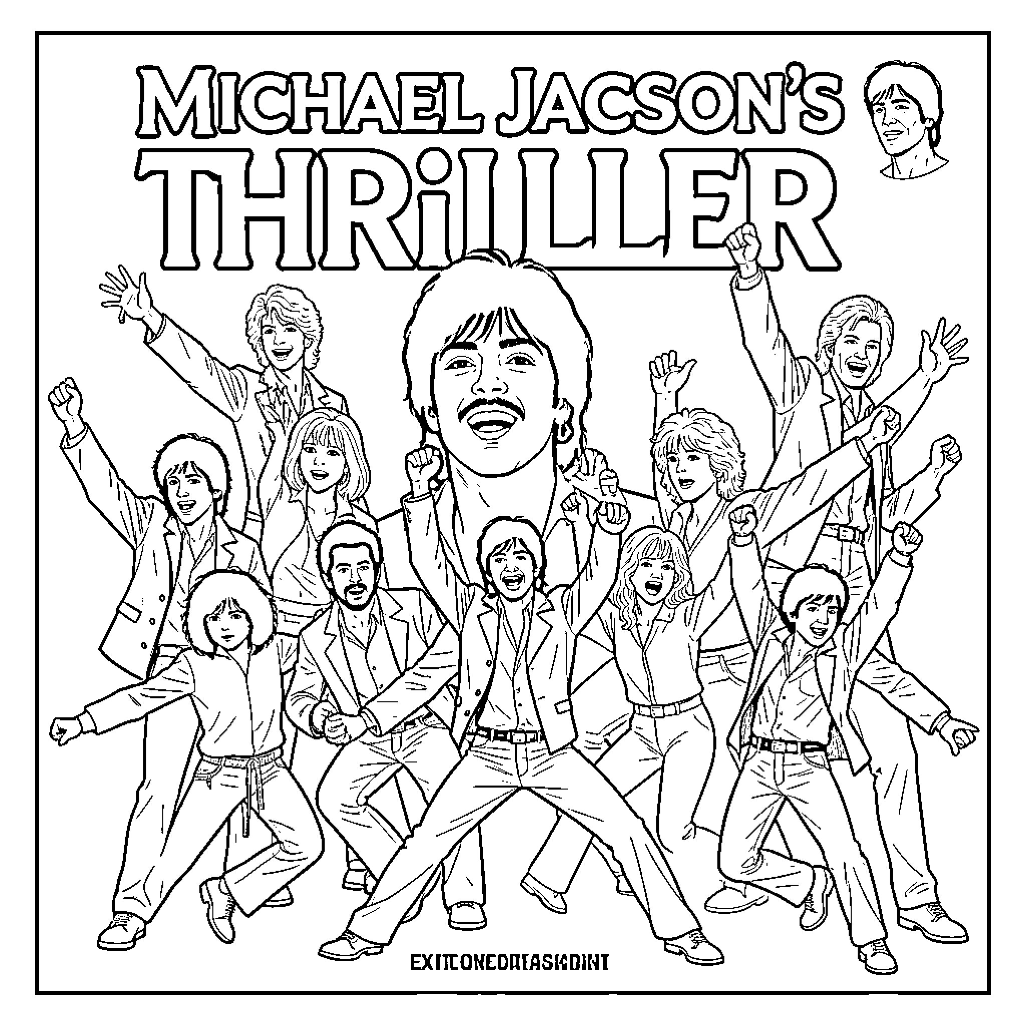 Michael Jackson performing Thriller with a group of dancers Coloring Page (free black-and-white line drawing printable PDF for all, from beginners to advanced learners, including children, teens, adults, and seniors)
