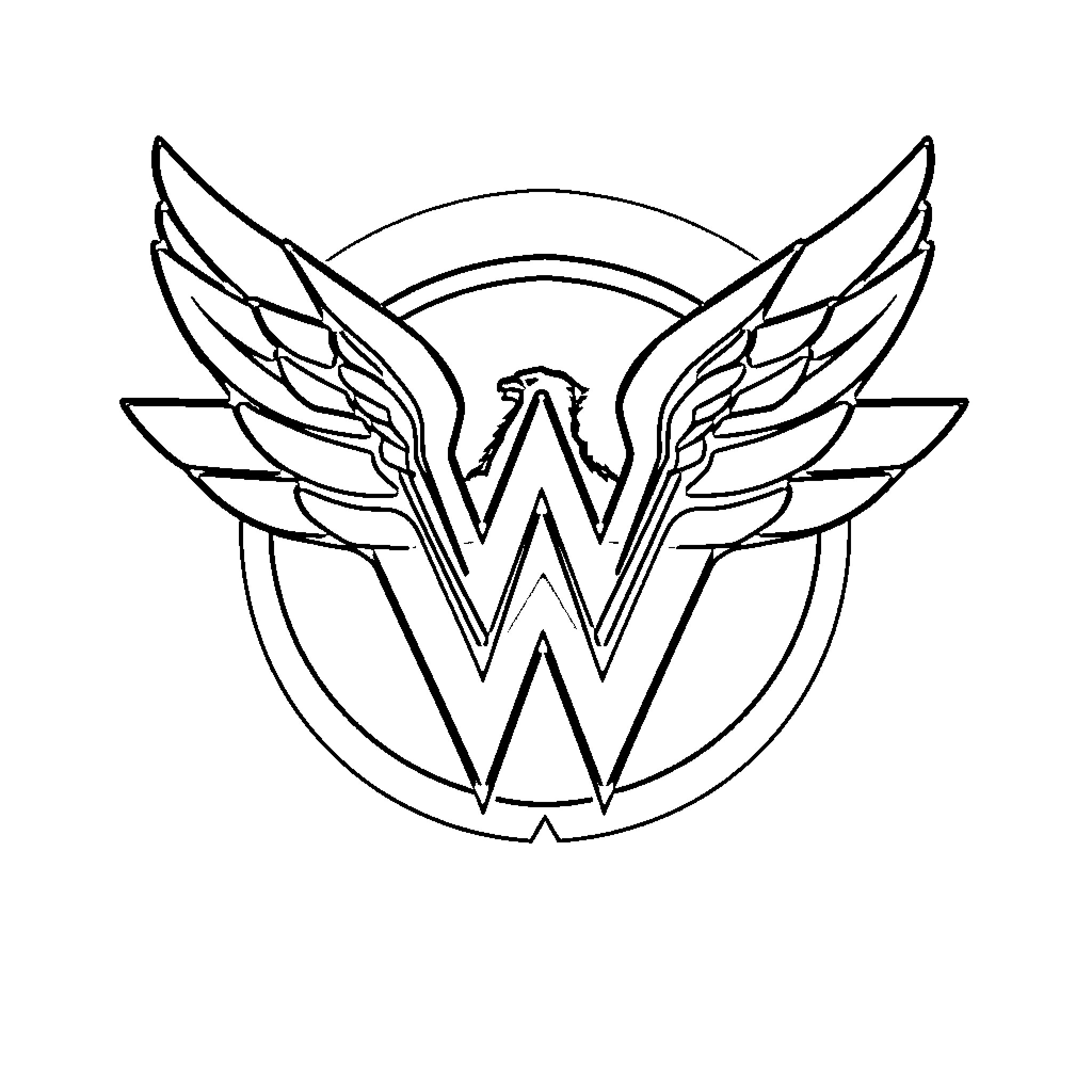 Wonder Woman logo with wings and a circular emblem Coloring Page (free black-and-white line drawing printable PDF for all, from beginners to advanced learners, including children, teens, adults, and seniors)