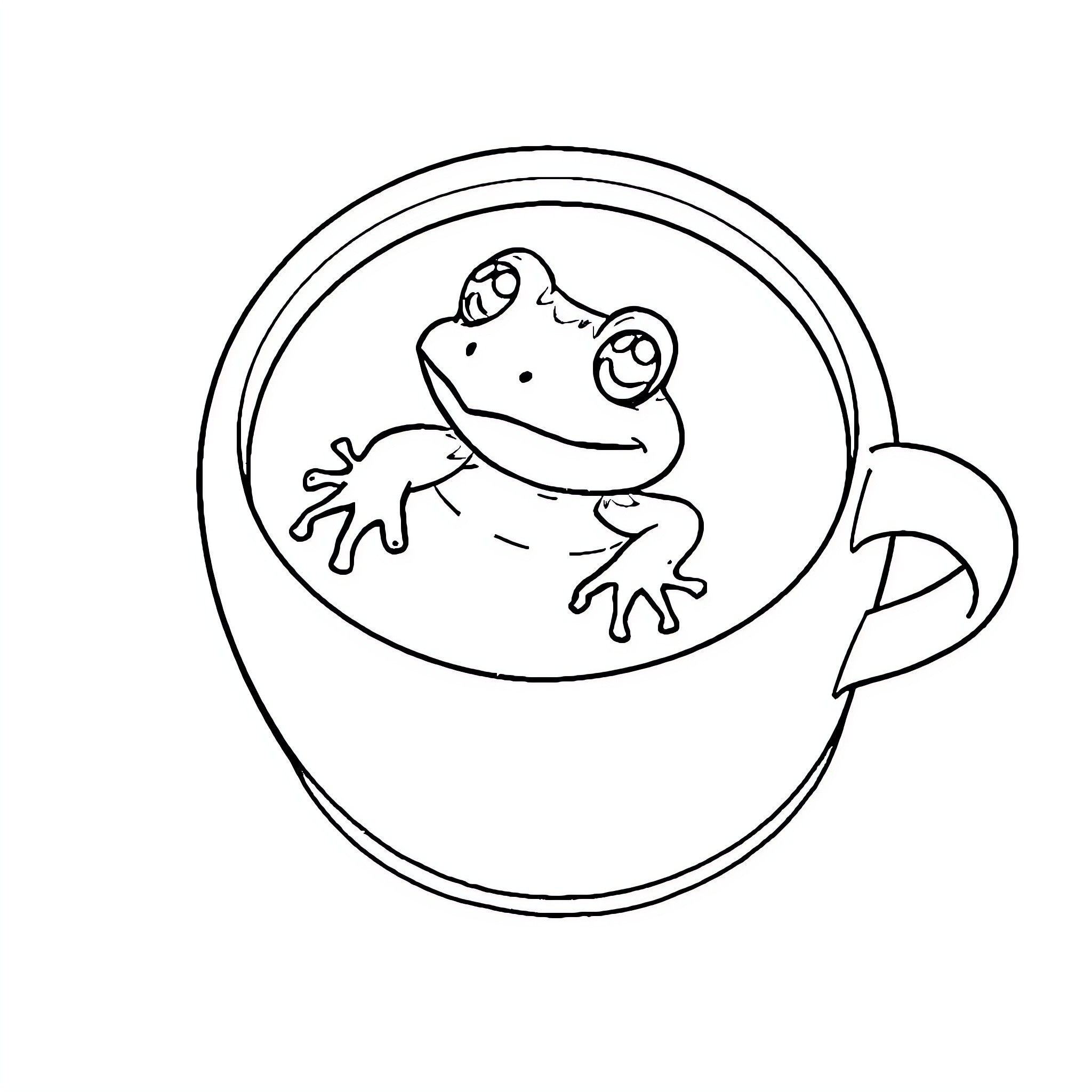 Frog resting peacefully in a teacup Coloring Page (free black-and-white line drawing printable PDF for all, from beginners to advanced learners, including children, teens, adults, and seniors)