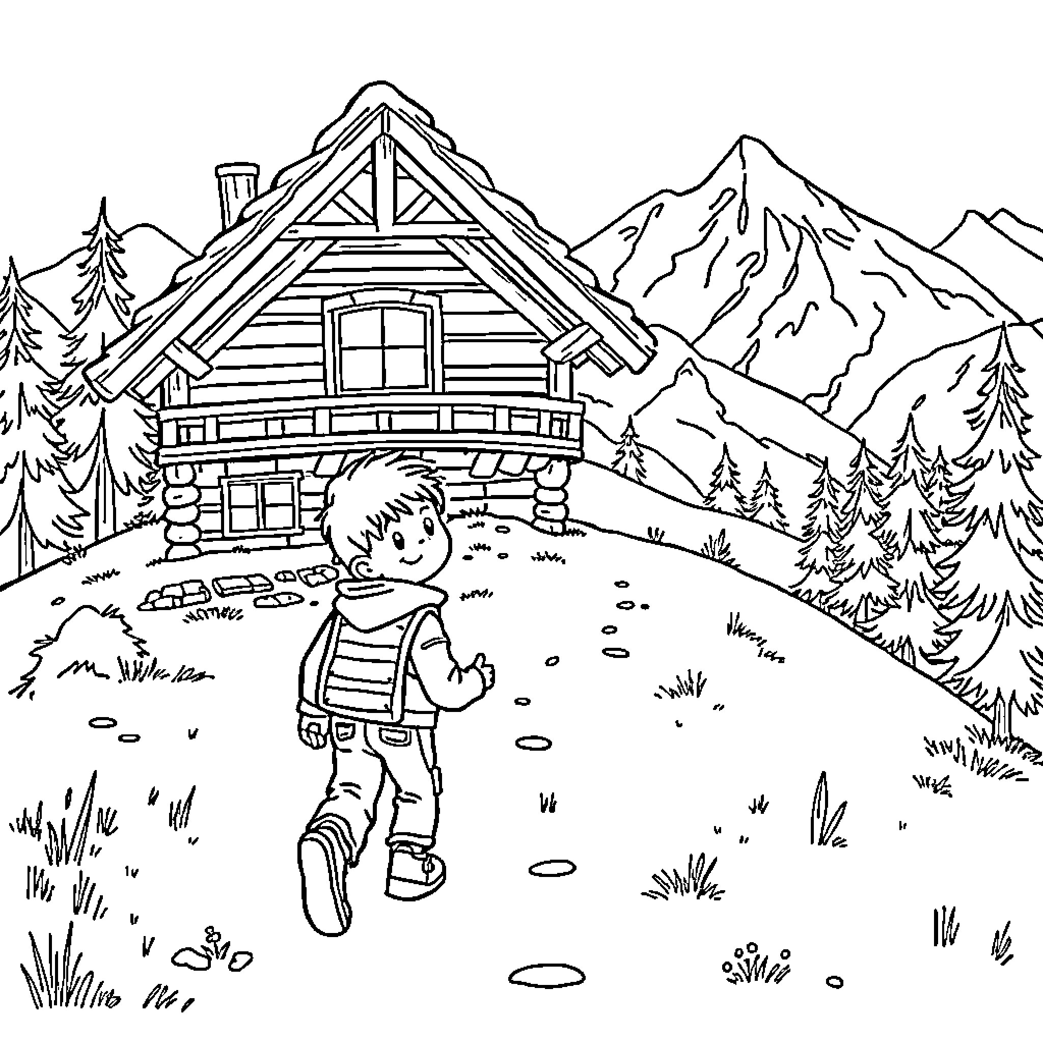 Child exploring cabin in the wilderness Coloring Page (free black-and-white line drawing printable PDF for all, from beginners to advanced learners, including children, teens, adults, and seniors)