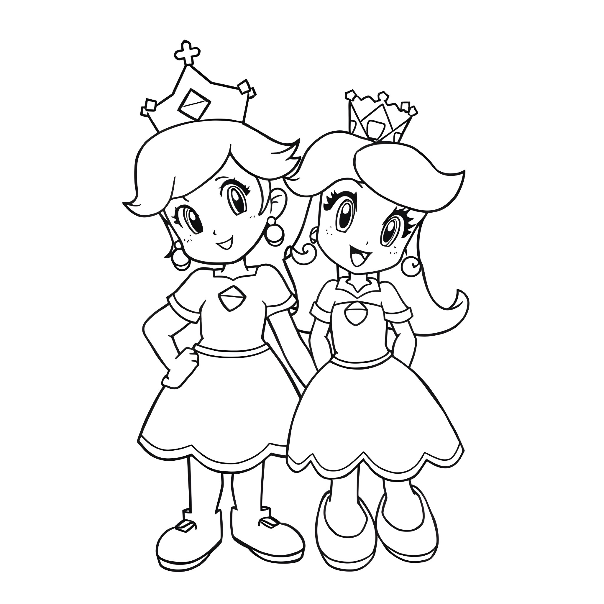 Princess Sisters in Fancy Outfits Coloring Page (free black-and-white line drawing printable PDF for all, from beginners to advanced learners, including children, teens, adults, and seniors)