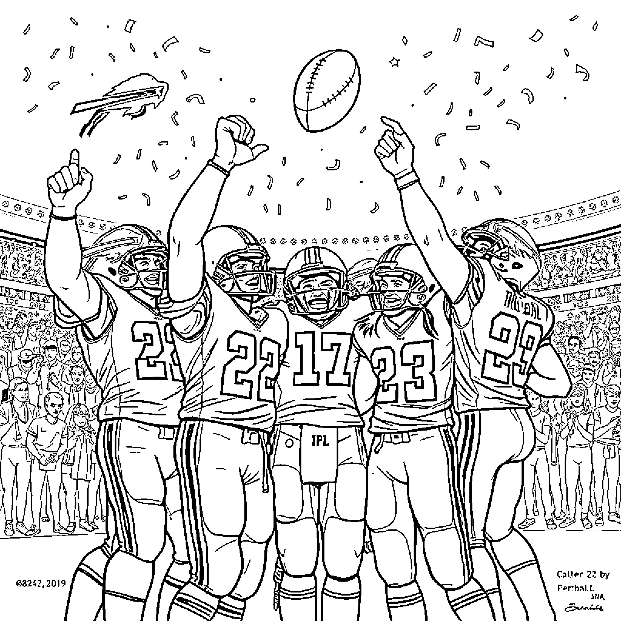Buffalo Bills players celebrating victory on the field Coloring Page (free black-and-white line drawing printable PDF for all, from beginners to advanced learners, including children, teens, adults, and seniors)