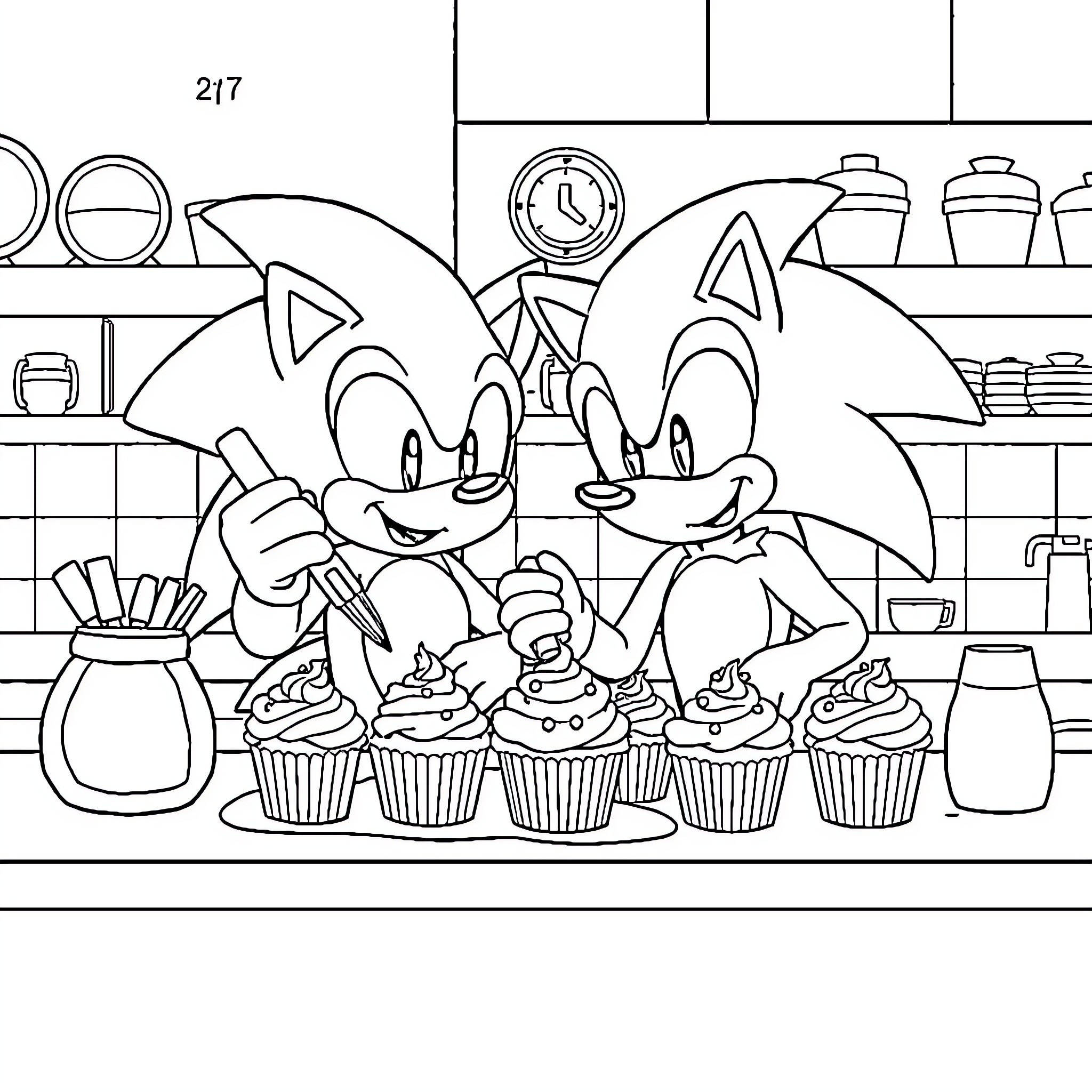 Cupcake Decorating Fun with Sonic the Hedgehog Coloring Page (free black-and-white line drawing printable PDF for all, from beginners to advanced learners, including children, teens, adults, and seniors)