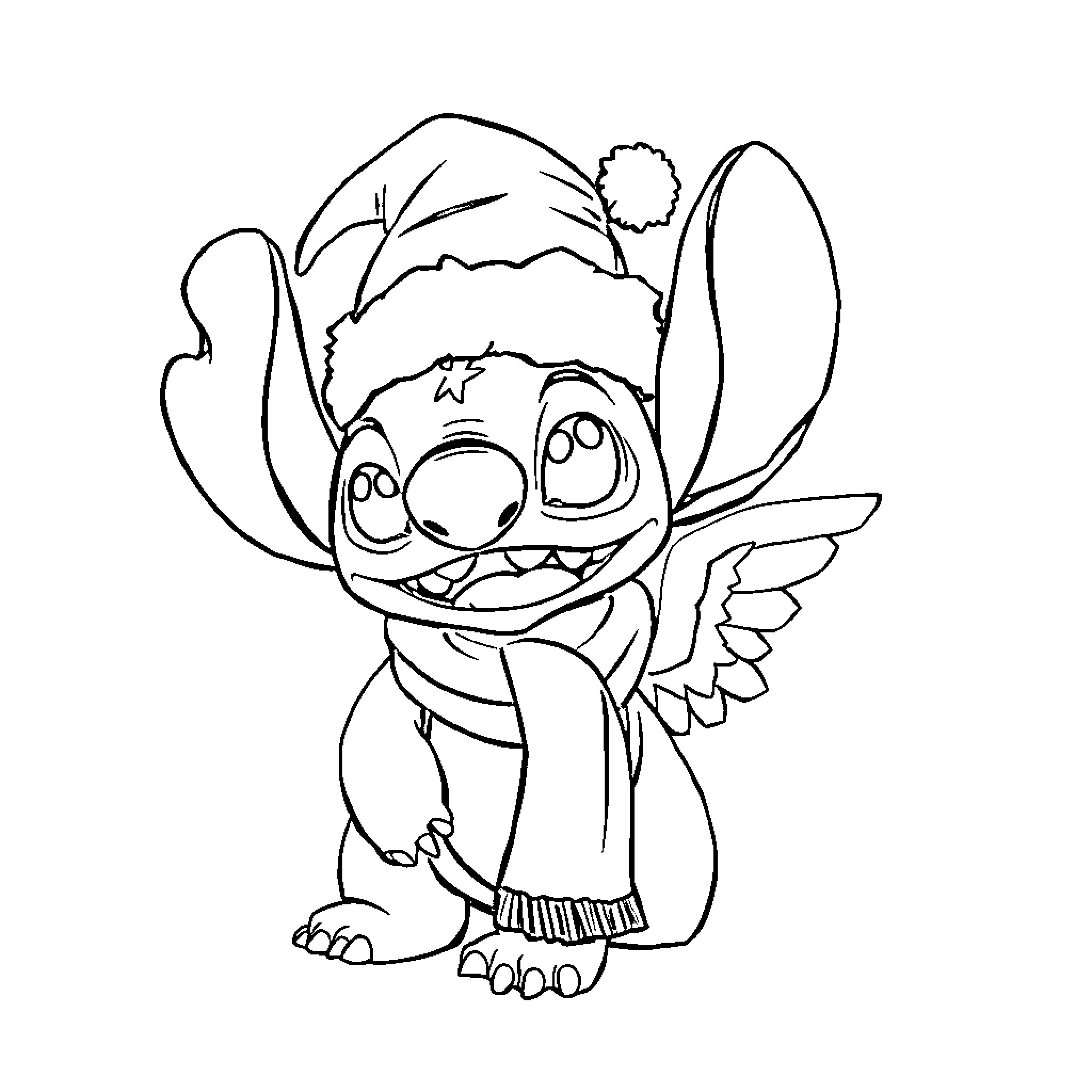 Angel Stitch in Festive Outfit Coloring Page (free black-and-white line drawing printable PDF for all, from beginners to advanced learners, including children, teens, adults, and seniors)