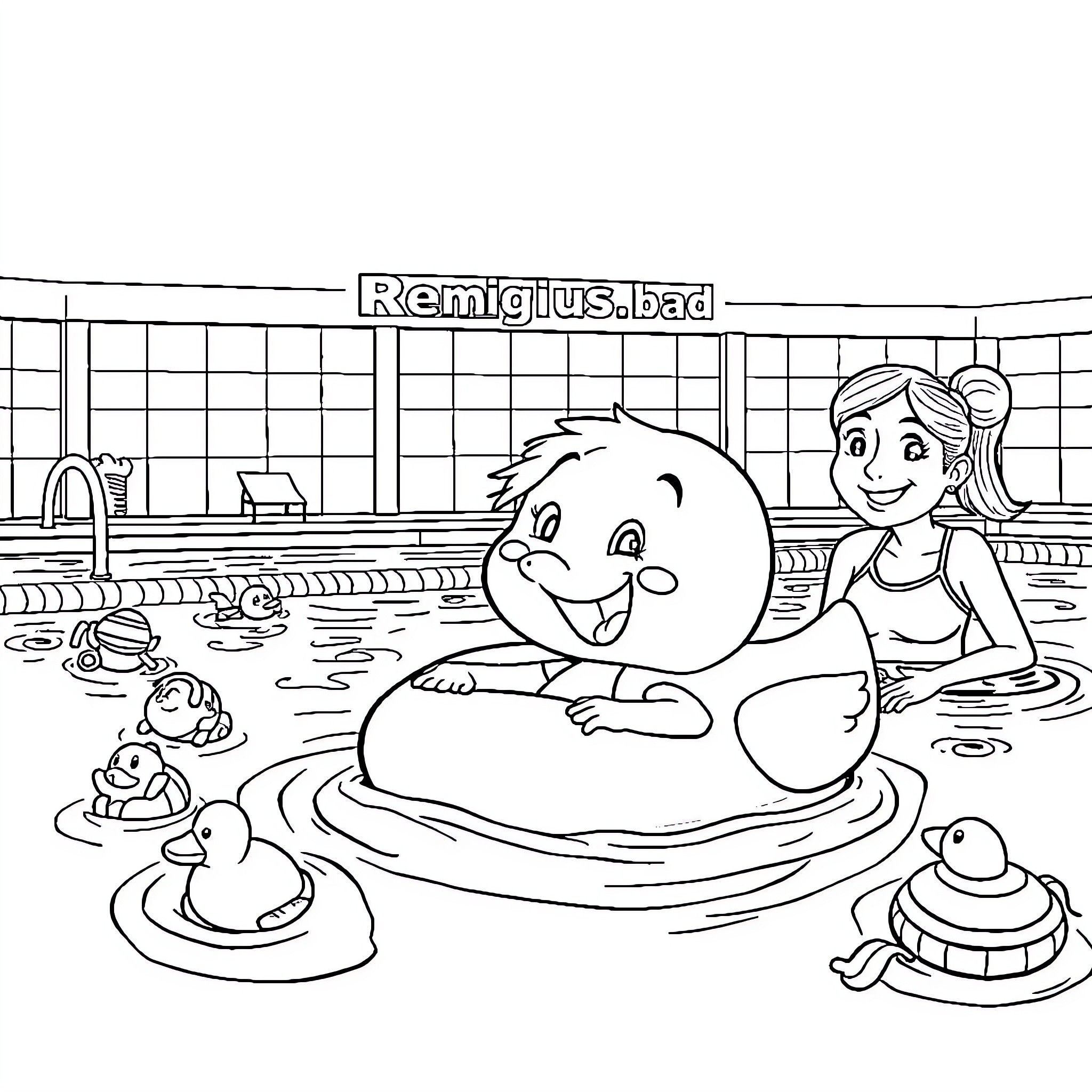 Child swimming happily with animal friends in pool Coloring Page (free black-and-white line drawing printable PDF for all, from beginners to advanced learners, including children, teens, adults, and seniors)