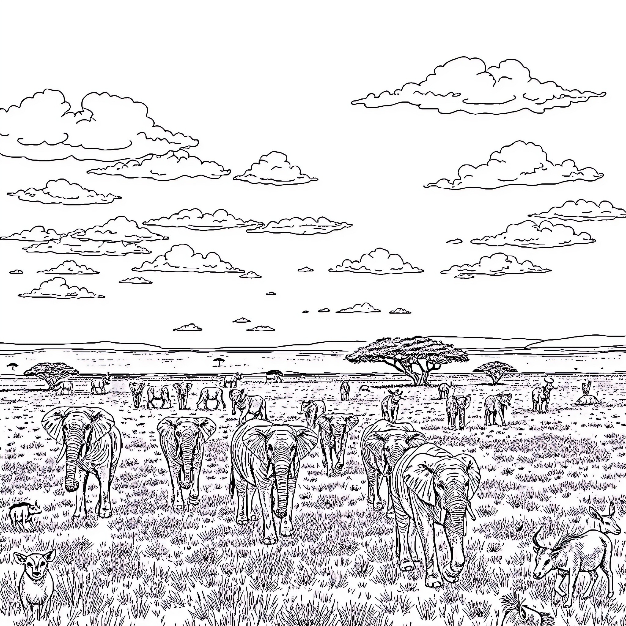 Animal herd roaming in the African savanna Coloring Page (free black-and-white line drawing printable PDF for all, from beginners to advanced learners, including children, teens, adults, and seniors)