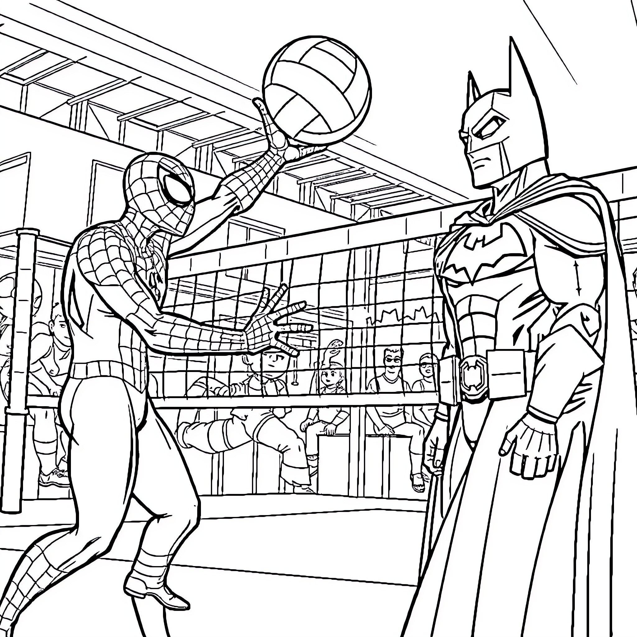 Spiderman and Batman in action-packed encounter Coloring Page (free black-and-white line drawing printable PDF for all, from beginners to advanced learners, including children, teens, adults, and seniors)