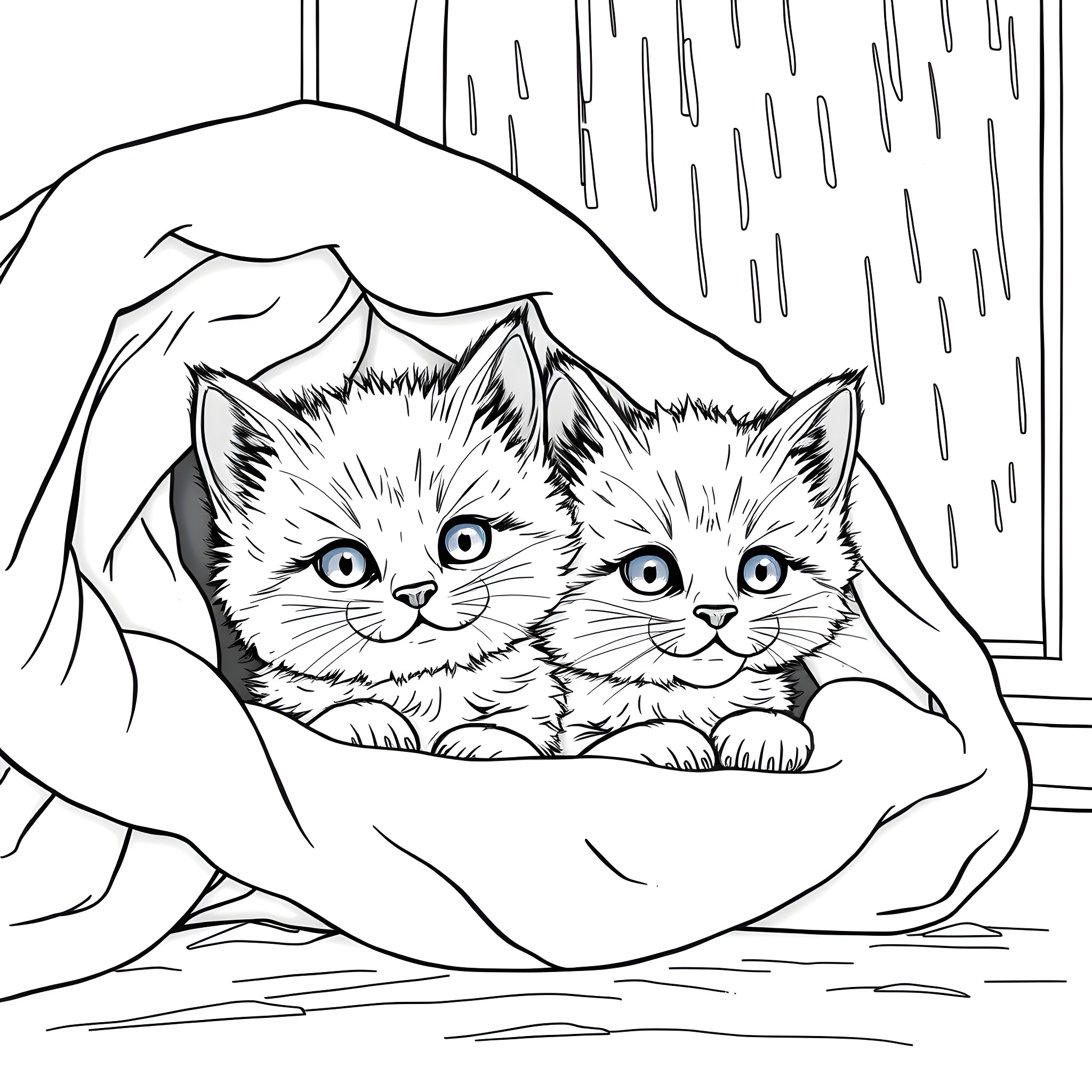 Kittens cuddling under a blanket on a rainy day Coloring Page (free black-and-white line drawing printable PDF for all, from beginners to advanced learners, including children, teens, adults, and seniors)