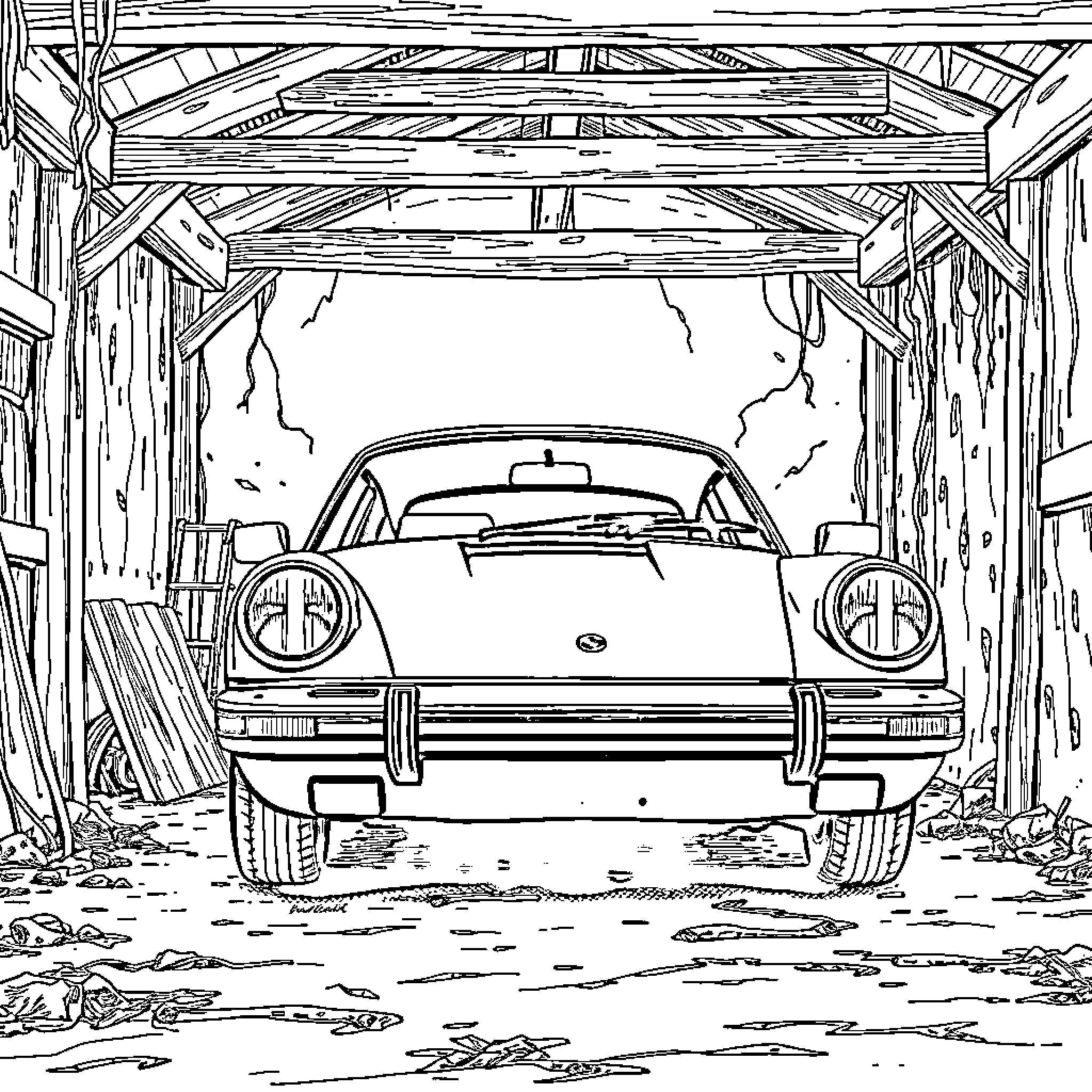 Porsche in an Abandoned Garage Coloring Page (free black-and-white line drawing printable PDF for all, from beginners to advanced learners, including children, teens, adults, and seniors)