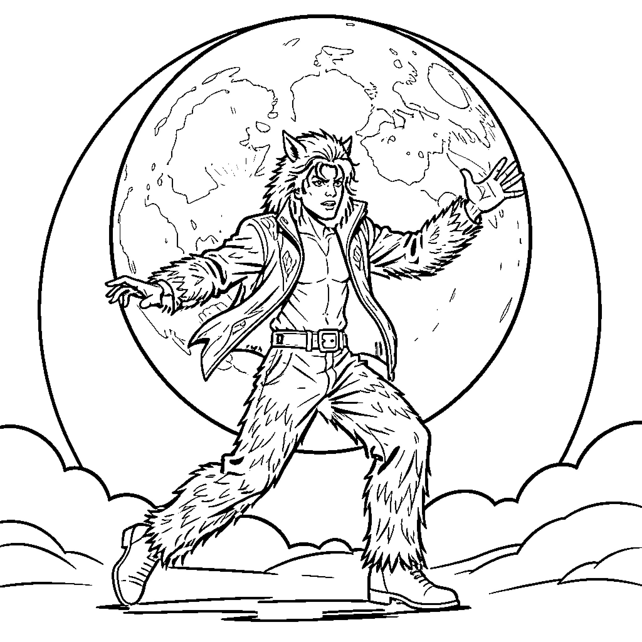 Michael Jackson performing on stage with theatrical costume Coloring Page (free black-and-white line drawing printable PDF for all, from beginners to advanced learners, including children, teens, adults, and seniors)