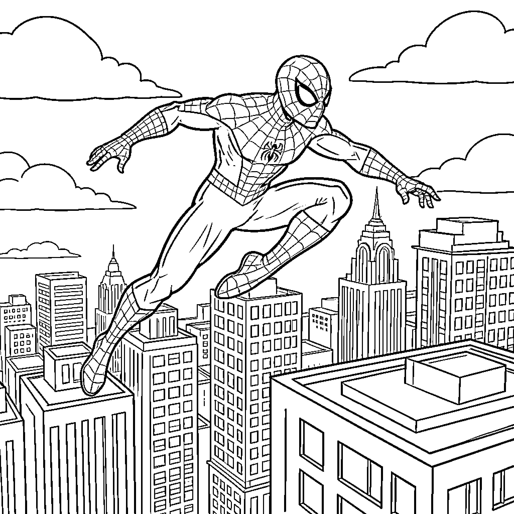 Spiderman swinging through the city skyline Coloring Page (free black-and-white line drawing printable PDF for all, from beginners to advanced learners, including children, teens, adults, and seniors)