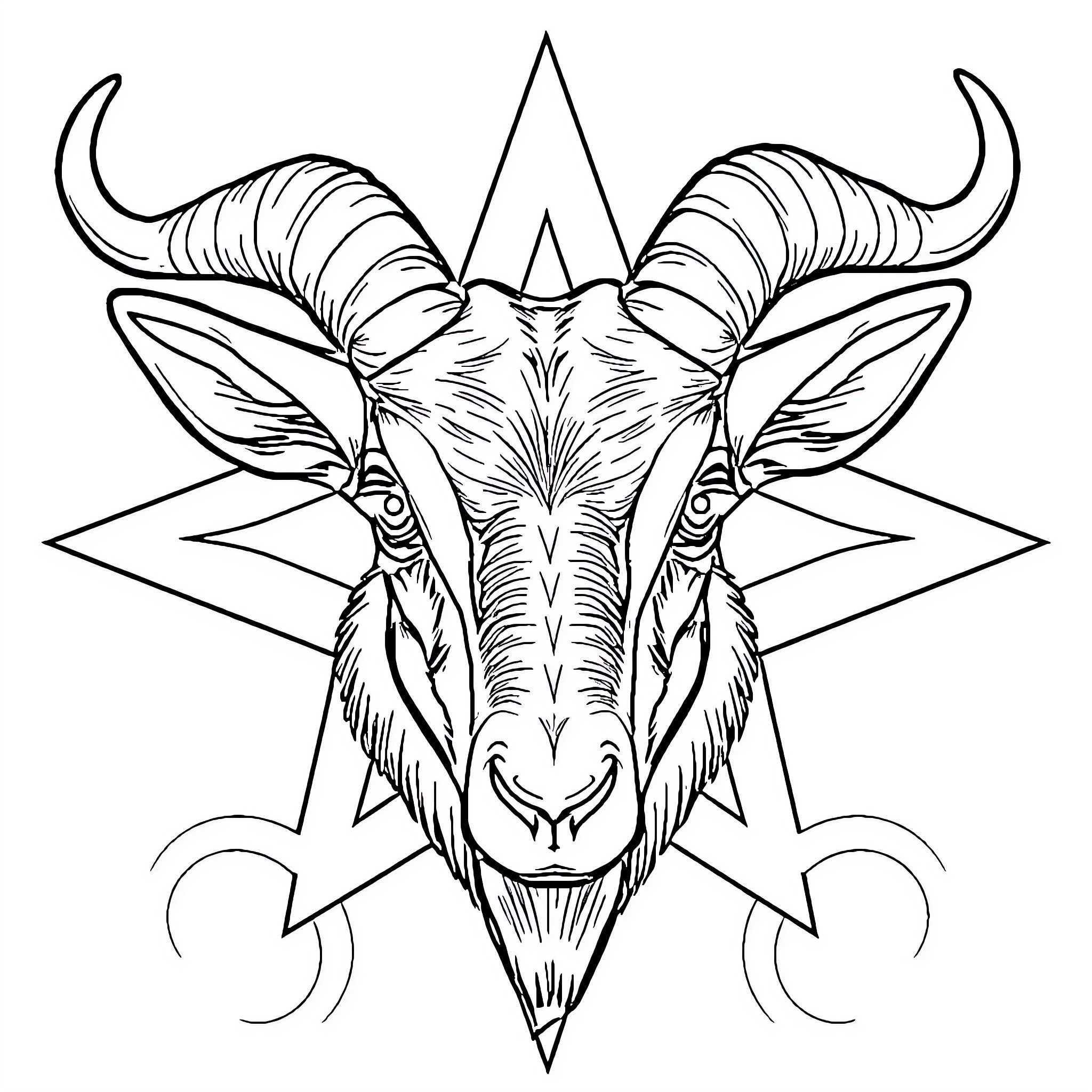 Goat with intricate horns and geometric design Coloring Page (free black-and-white line drawing printable PDF for all, from beginners to advanced learners, including children, teens, adults, and seniors)
