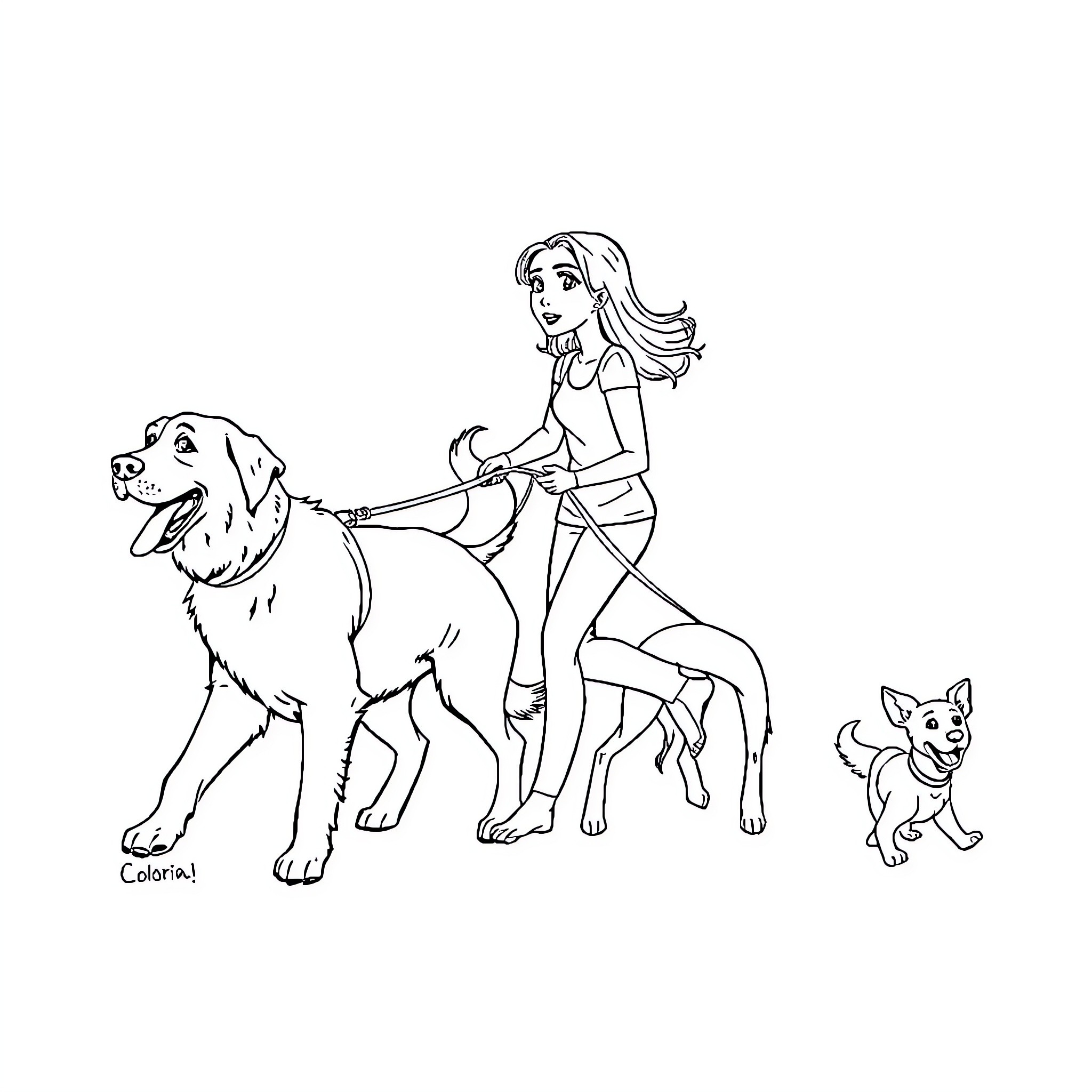 Dog and humans enjoying outdoor adventure Coloring Page (free black-and-white line drawing printable PDF for all, from beginners to advanced learners, including children, teens, adults, and seniors)