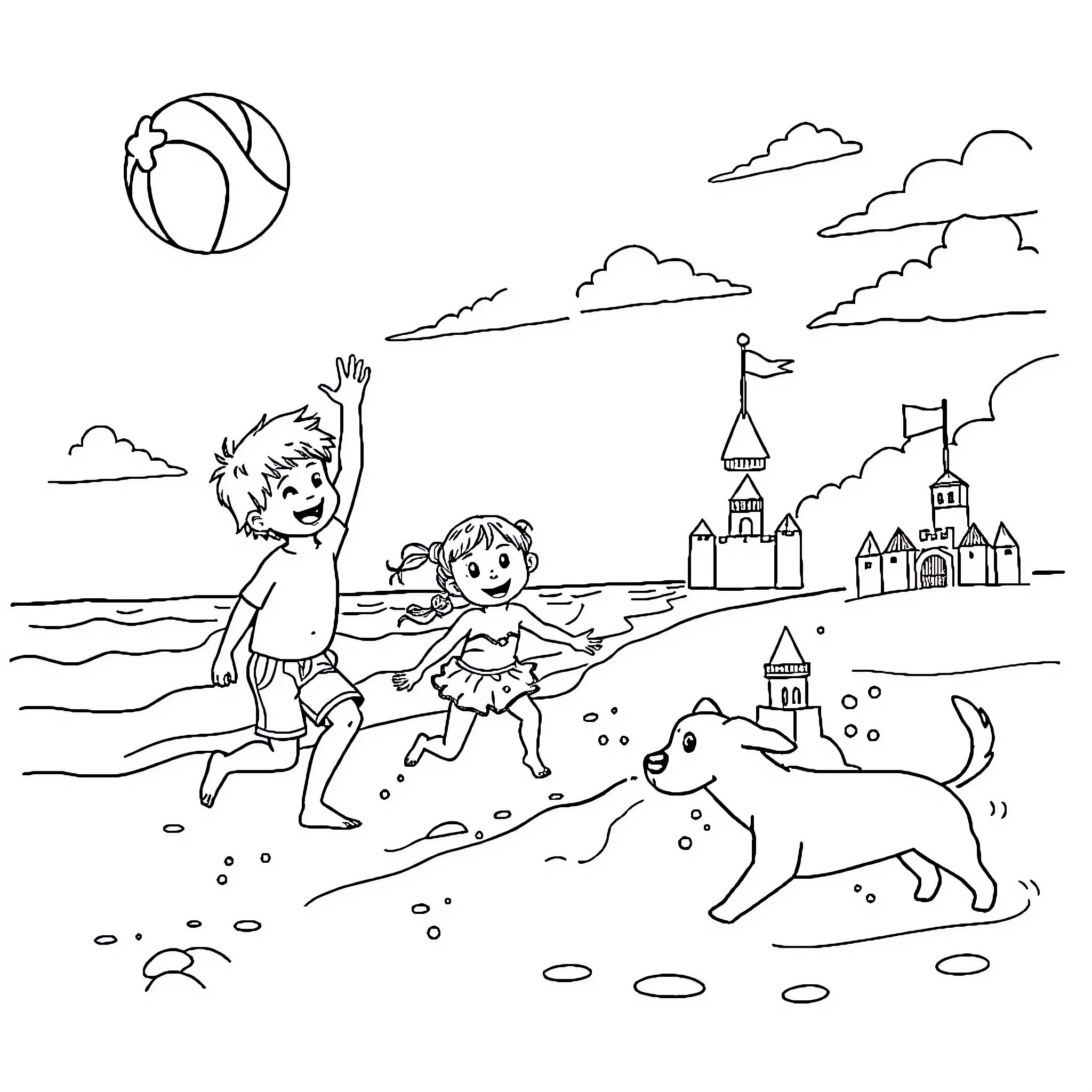 Kid playing by the beach with friends and dog Coloring Page (free black-and-white line drawing printable PDF for all, from beginners to advanced learners, including children, teens, adults, and seniors)