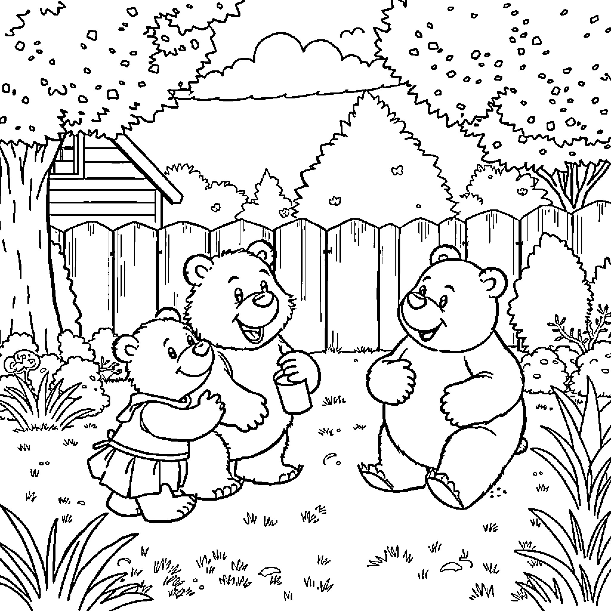 Berenstein Bears enjoying a snowy day outdoors Coloring Page (free black-and-white line drawing printable PDF for all, from beginners to advanced learners, including children, teens, adults, and seniors)