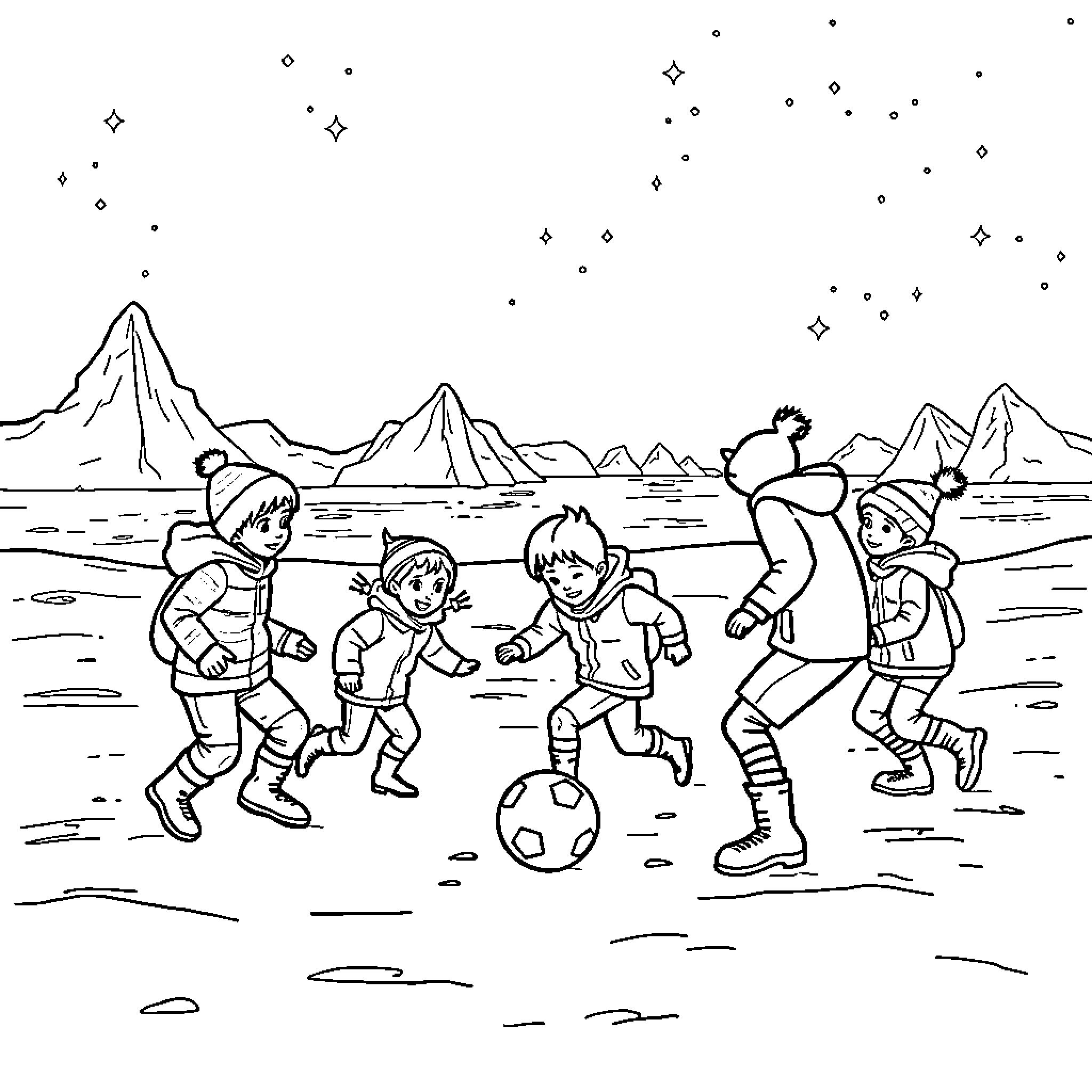 Football game in a snowy mountain landscape Coloring Page (free black-and-white line drawing printable PDF for all, from beginners to advanced learners, including children, teens, adults, and seniors)