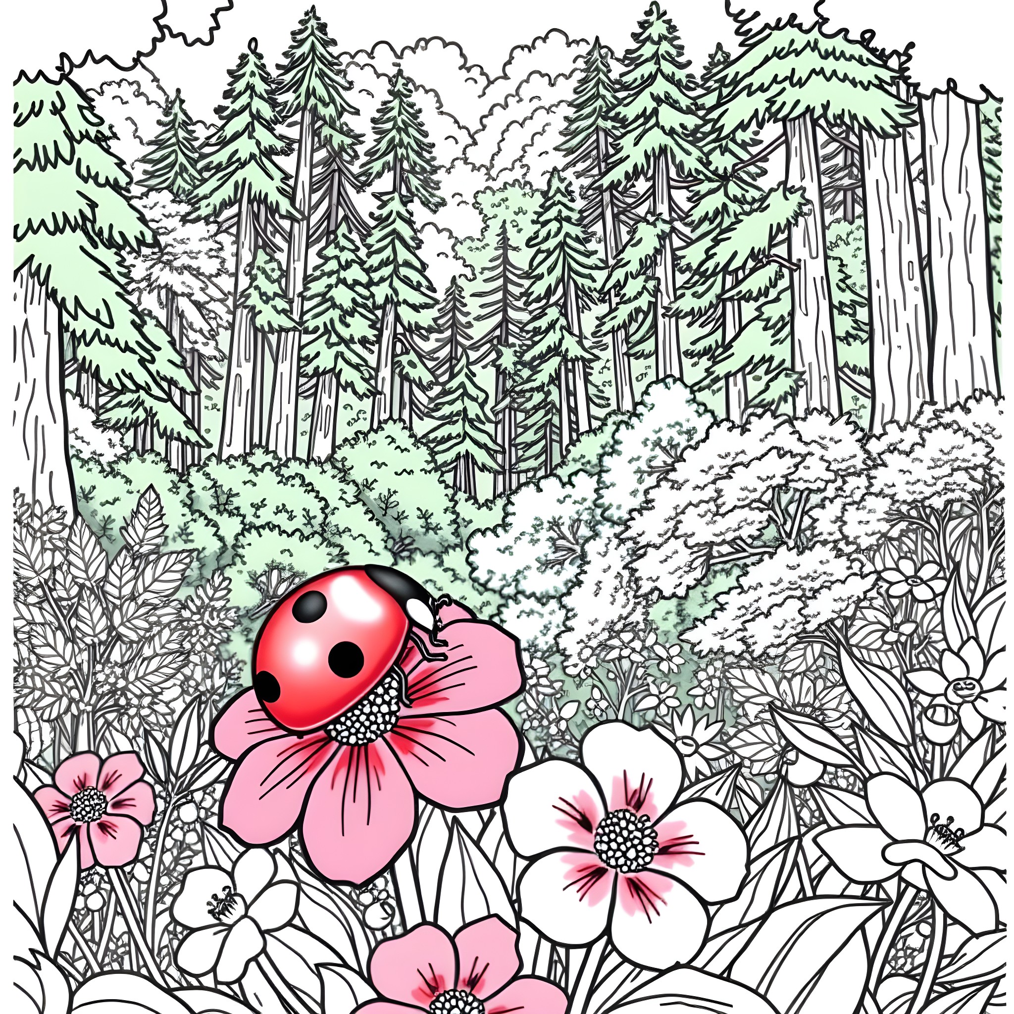 Ladybug exploring the forest with blooming flowers Coloring Page (free black-and-white line drawing printable PDF for all, from beginners to advanced learners, including children, teens, adults, and seniors)
