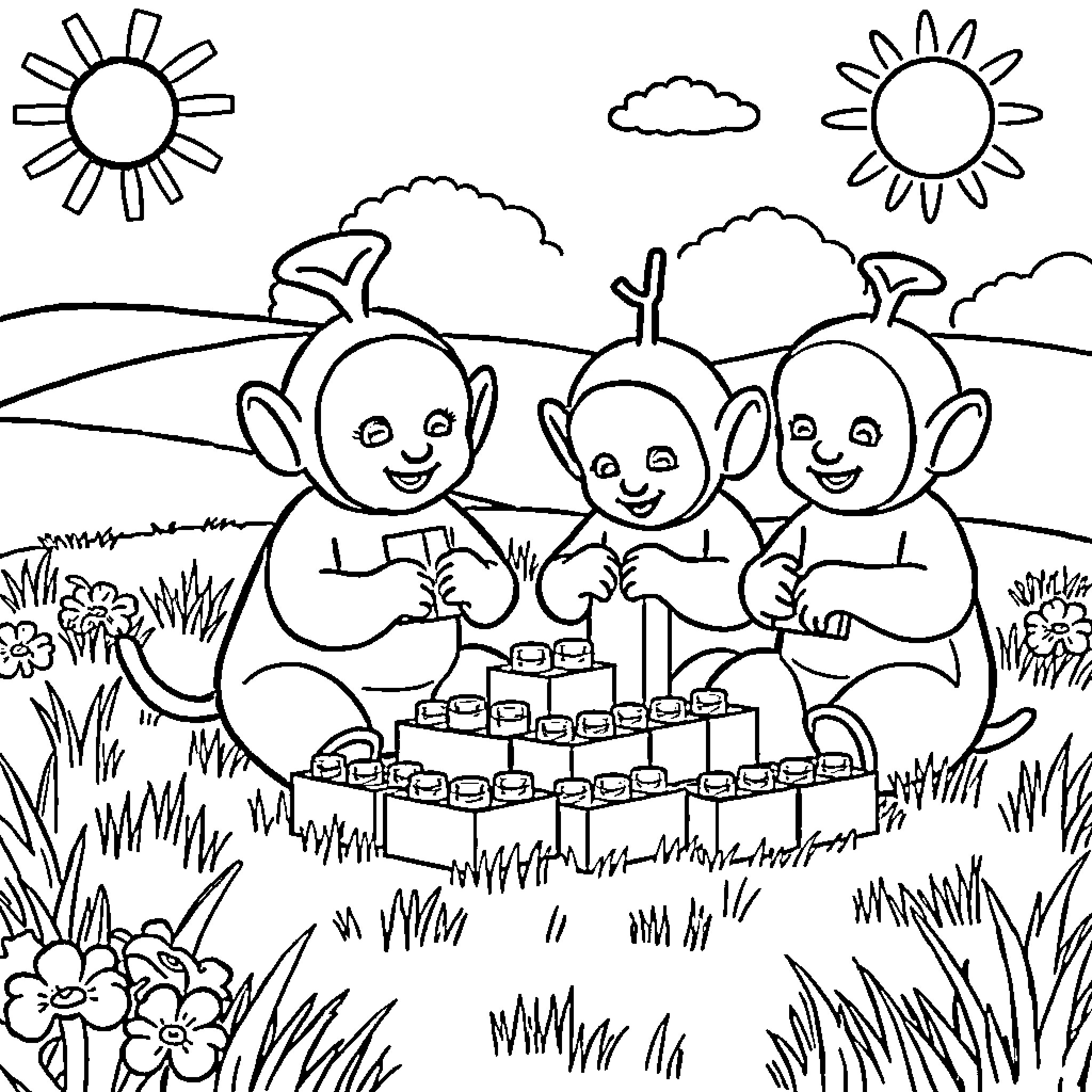 Teletubby Friends Enjoying Outdoor Play Coloring Page (free black-and-white line drawing printable PDF for all, from beginners to advanced learners, including children, teens, adults, and seniors)