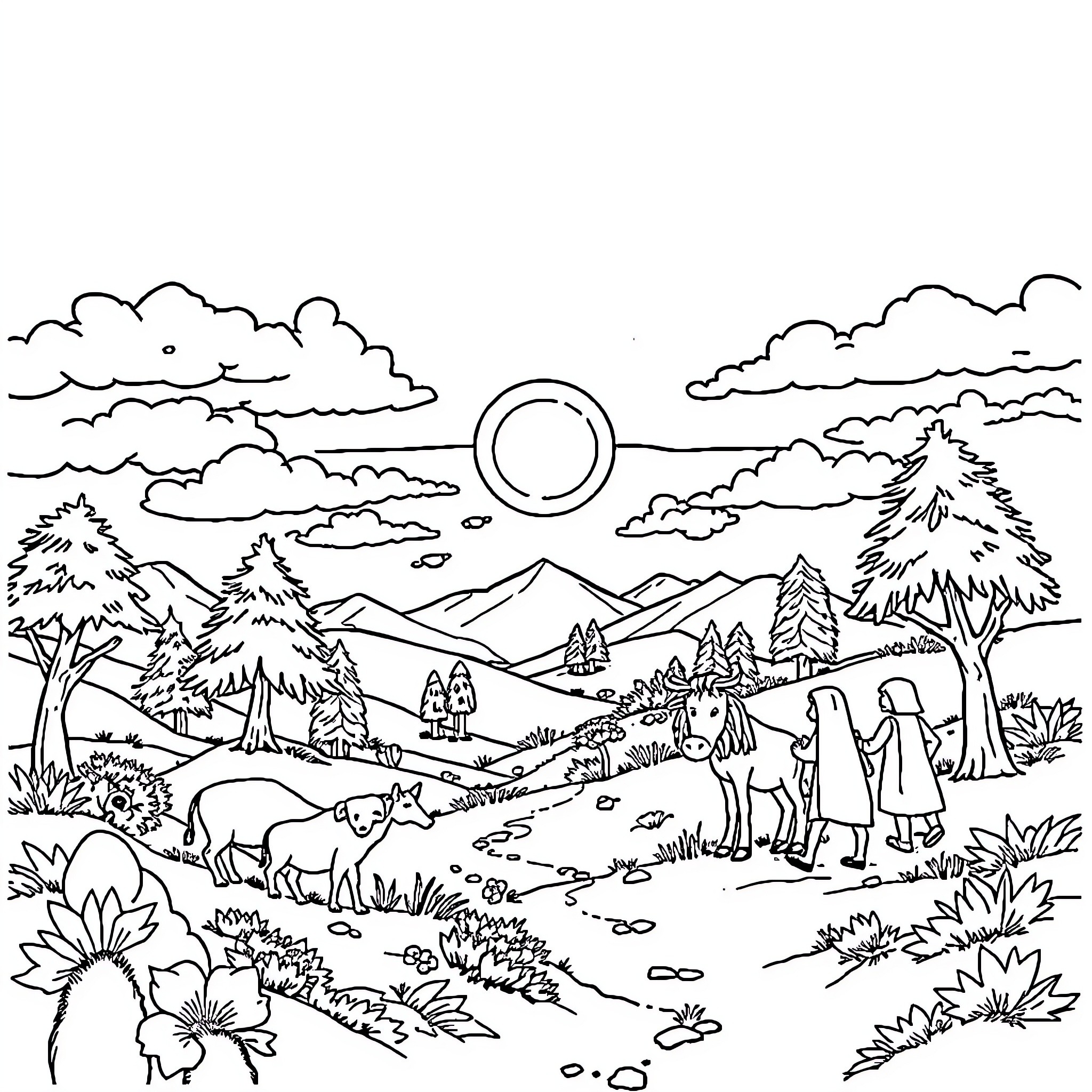 God's Serene Mountain Landscape Coloring Page (free black-and-white line drawing printable PDF for all, from beginners to advanced learners, including children, teens, adults, and seniors)
