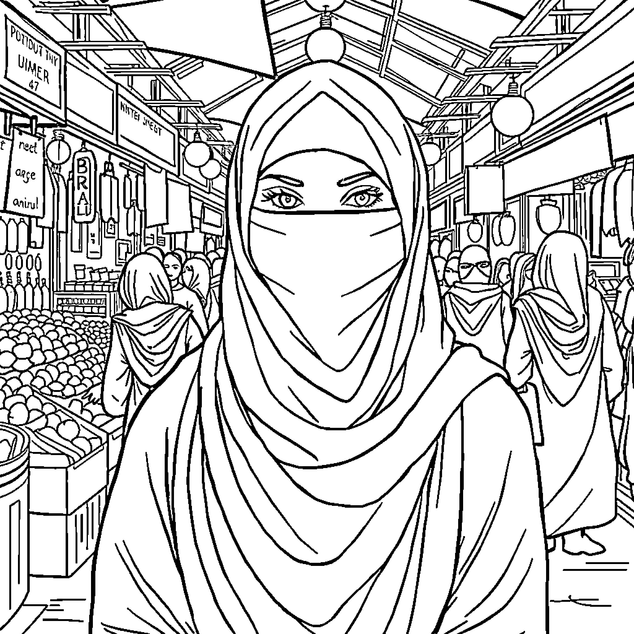 Woman Exploring a Bustling Middle Eastern Market Coloring Page (free black-and-white line drawing printable PDF for all, from beginners to advanced learners, including children, teens, adults, and seniors)
