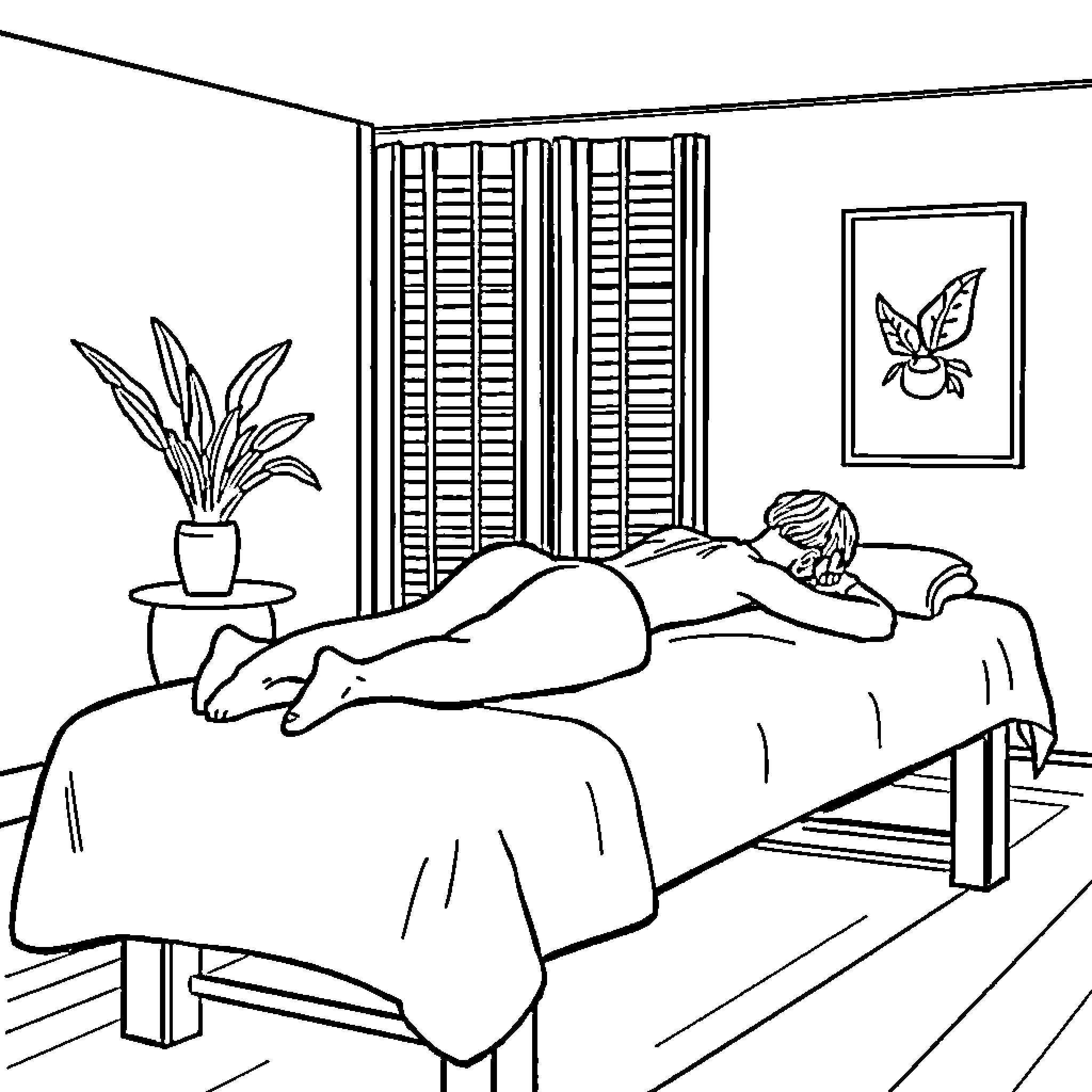 Woman resting peacefully on massage table Coloring Page (free black-and-white line drawing printable PDF for all, from beginners to advanced learners, including children, teens, adults, and seniors)