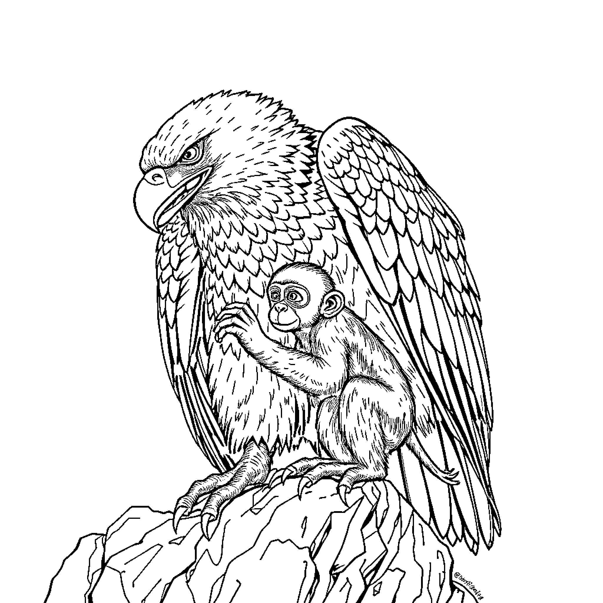 Eagle Protecting Baby Monkey on Cliff Coloring Page (free black-and-white line drawing printable PDF for all, from beginners to advanced learners, including children, teens, adults, and seniors)