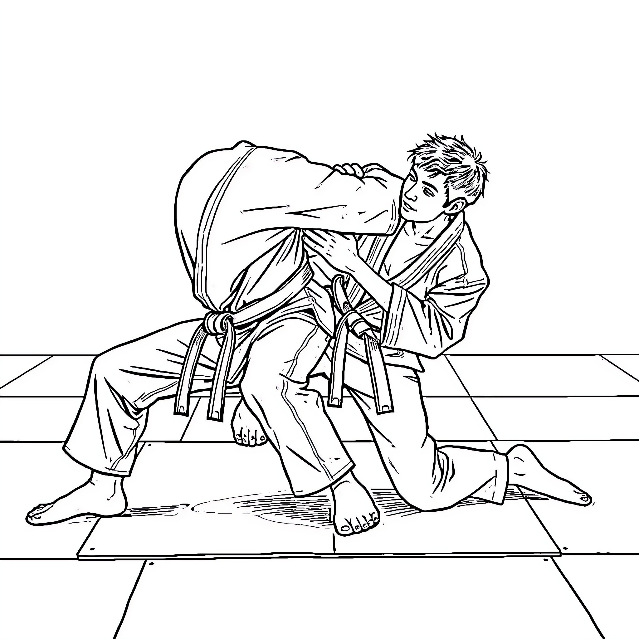 Bluey practicing martial arts in a dojo Coloring Page (free black-and-white line drawing printable PDF for all, from beginners to advanced learners, including children, teens, adults, and seniors)