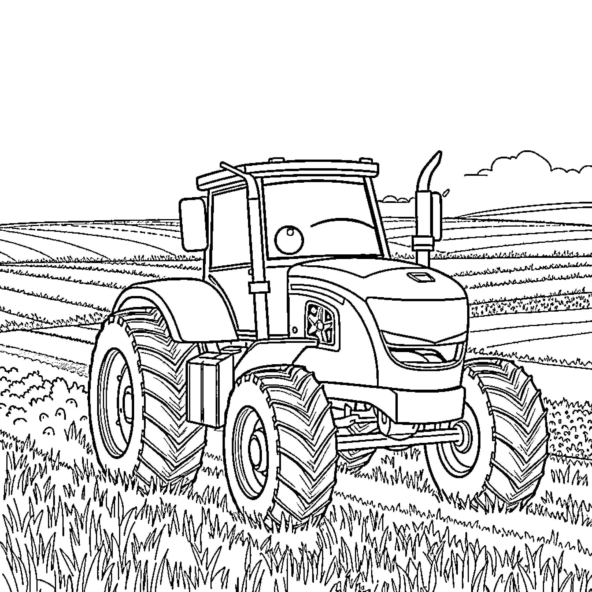 Frank operating a tractor in the countryside Coloring Page (free black-and-white line drawing printable PDF for all, from beginners to advanced learners, including children, teens, adults, and seniors)
