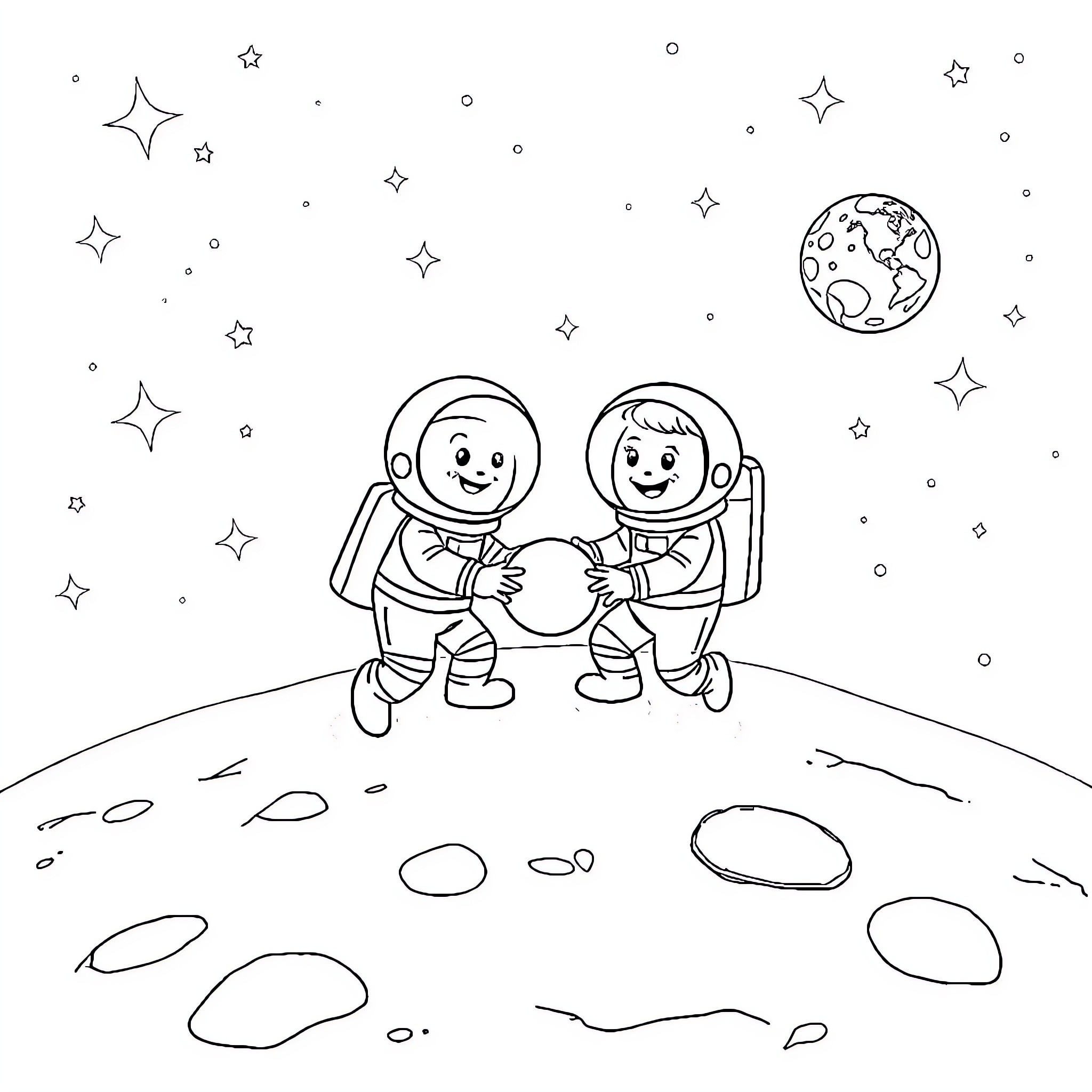 Bluey Astronauts Exploring the Moon Coloring Page (free black-and-white line drawing printable PDF for all, from beginners to advanced learners, including children, teens, adults, and seniors)