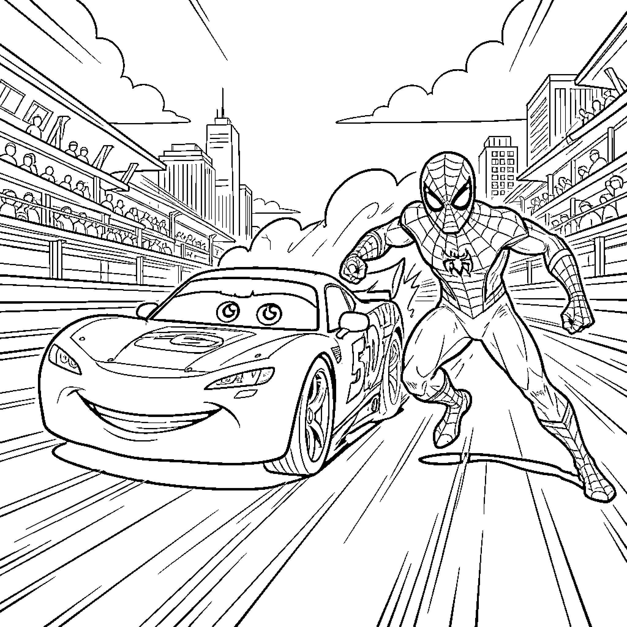 Flash McQueen racing alongside Spider-Man on a track Coloring Page (free black-and-white line drawing printable PDF for all, from beginners to advanced learners, including children, teens, adults, and seniors)
