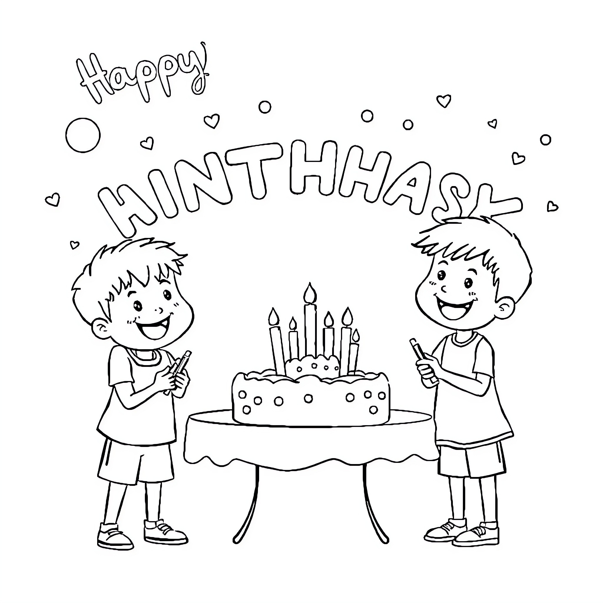 Niños celebrating a happy birthday with cake and candles Coloring Page (free black-and-white line drawing printable PDF for all, from beginners to advanced learners, including children, teens, adults, and seniors)