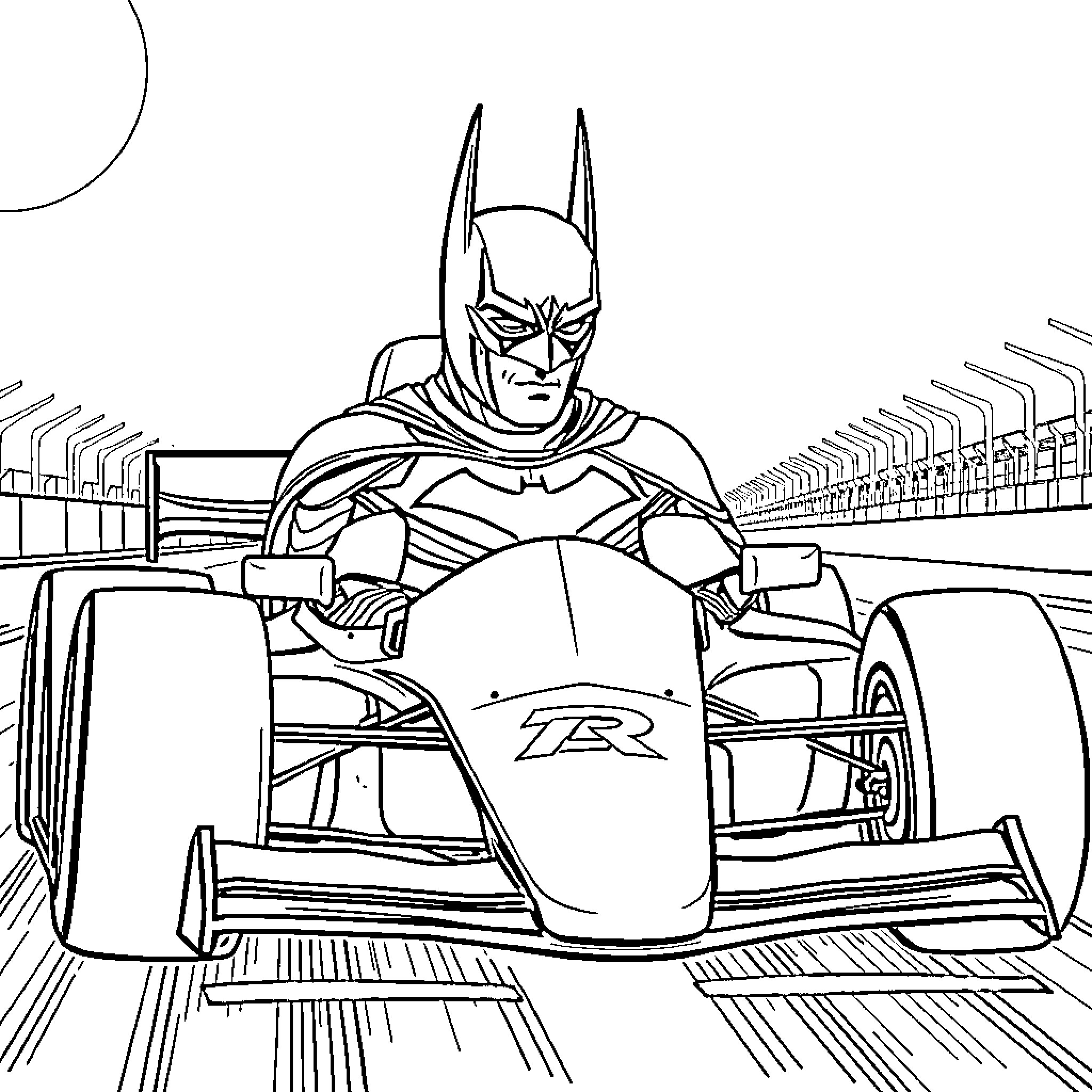 Batman racing in his Formula car Coloring Page (free black-and-white line drawing printable PDF for all, from beginners to advanced learners, including children, teens, adults, and seniors)