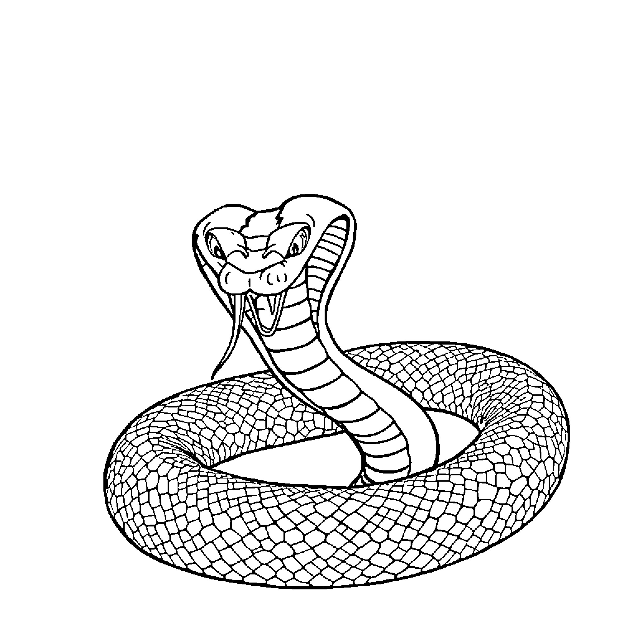 Cobra snake ready to strike in black and white Coloring Page (free black-and-white line drawing printable PDF for all, from beginners to advanced learners, including children, teens, adults, and seniors)