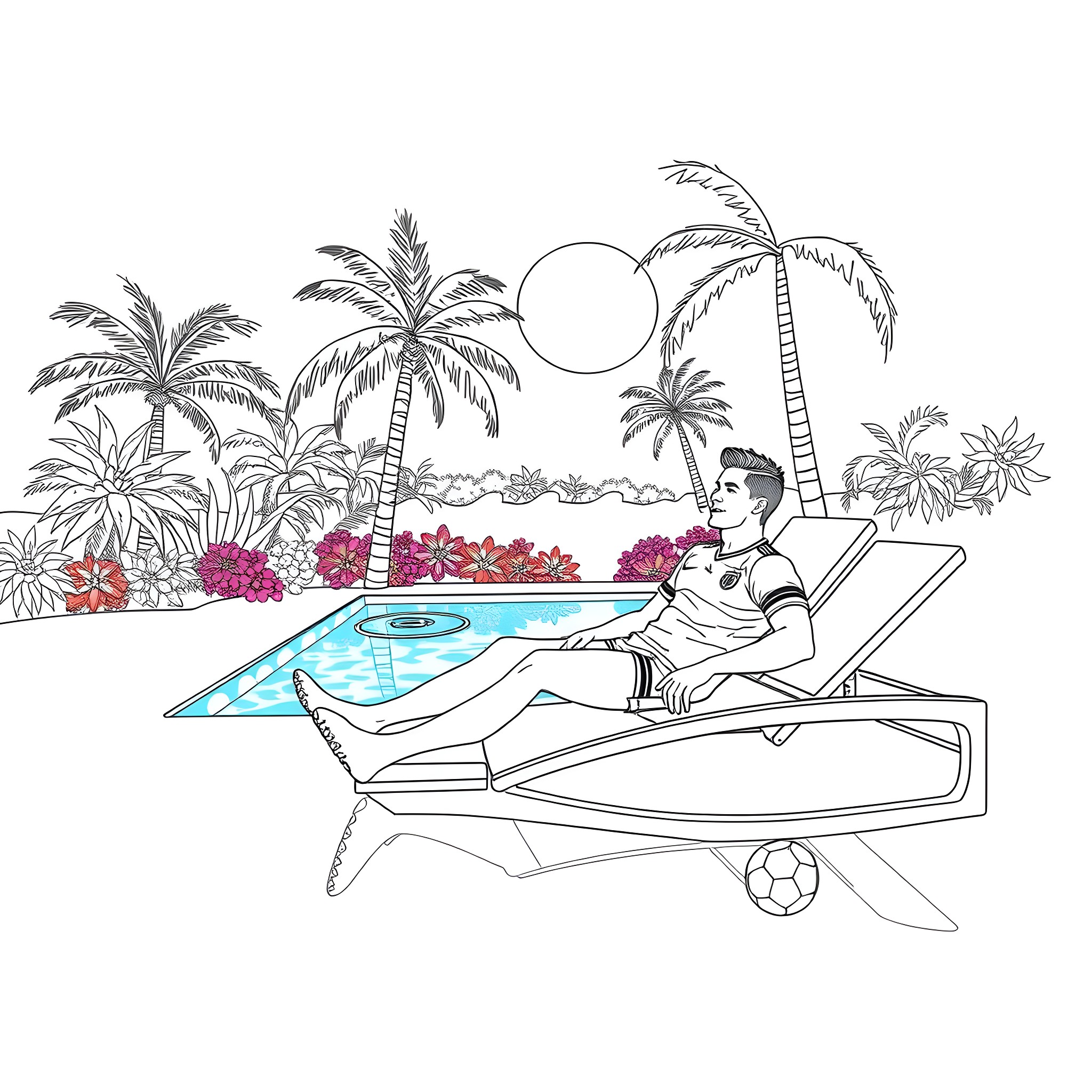 Ronaldo relaxing by the poolside in a tropical paradise Coloring Page (free black-and-white line drawing printable PDF for all, from beginners to advanced learners, including children, teens, adults, and seniors)